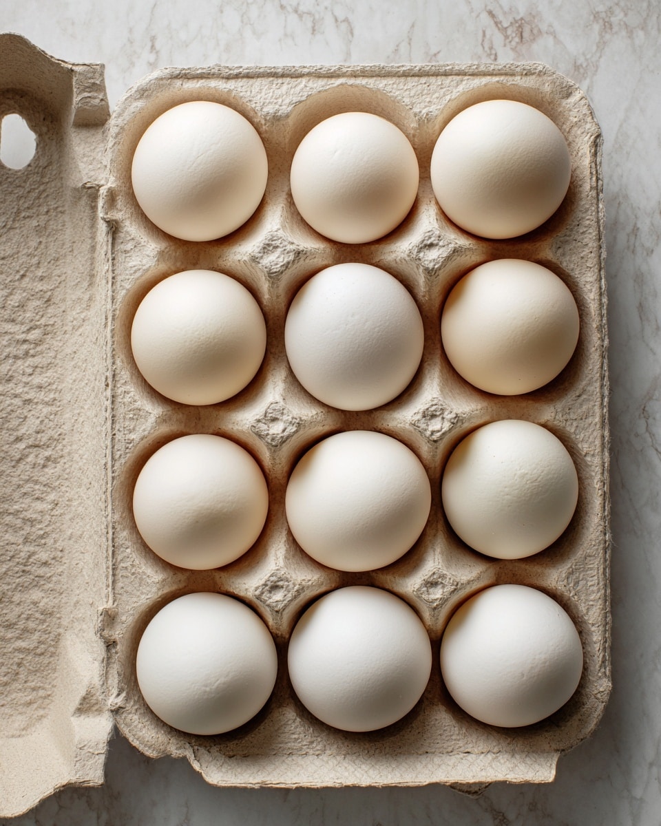 An open egg carton holding twelve smooth, clean white eggs arranged in two rows of six, with the carton made of textured light brown recycled paper, placed on a white marbled surface with subtle gray and beige veins. The eggs are all whole and unbroken, showing a soft, pale white color with a matte finish. The carton lid is partially visible and angled up, casting soft shadows on the eggs inside. Photo taken with an iphone --ar 4:5 --v 7