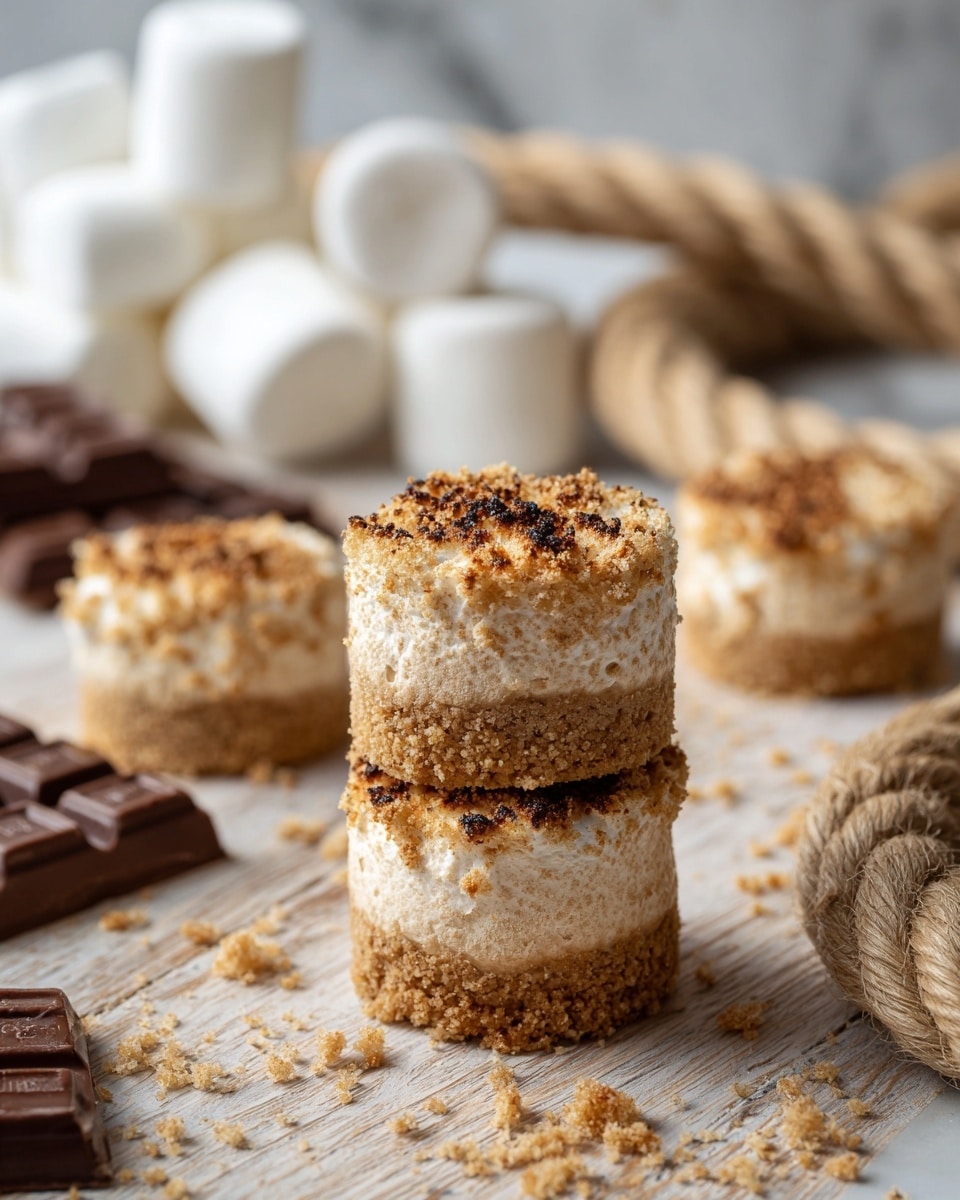 The image shows a stack of three mini desserts placed vertically on a dark wooden table with a white marbled background. Each dessert has two layers: a dense, crumbly brown base and a toasted, puffy cream-colored top with a slightly browned surface. Around the stack, there are a few more mini desserts of the same type scattered, some lying flat and others partially visible. To the left, a few large, white marshmallows and a piece of chocolate are out of focus in the background, adding to the sweet theme. photo taken with an iphone --ar 4:5 --v 7