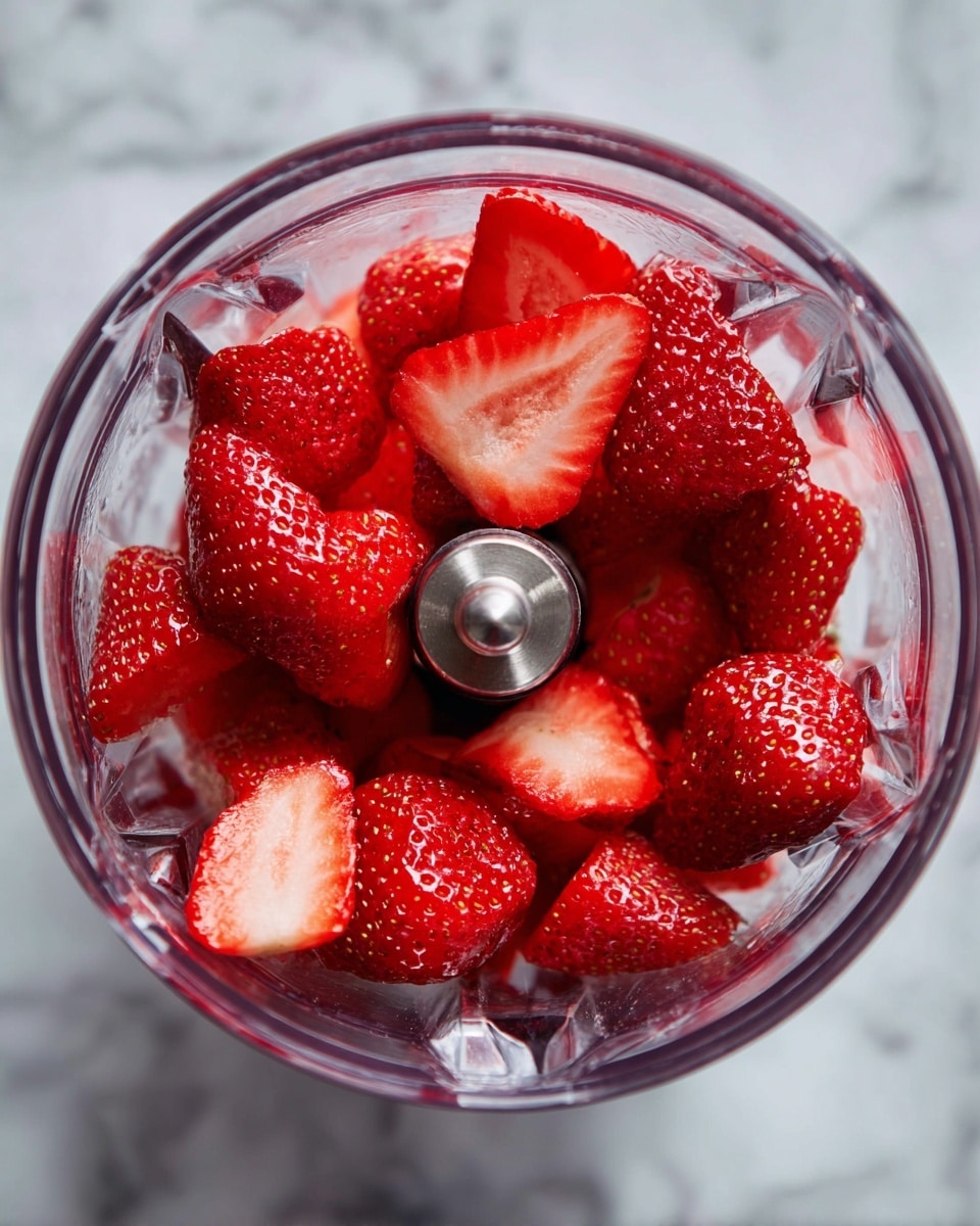 The image shows a close-up top view inside a clear blender container, filled with bright red strawberries, some whole and some sliced showing their pale red insides with small seeds on the surface. The sharp metal blender blade is centered in the container, surrounded by the strawberries. The background is a white marbled surface. photo taken with an iphone --ar 4:5 --v 7