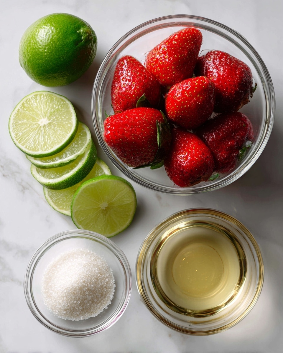 A clear glass bowl holds fresh, whole strawberries with a bright red color and glossy texture, centered on a white marbled surface. Below the bowl, there are several lime slices arranged in a line with two whole limes to the left, showing a rich green color and smooth texture. To the right of the strawberries, there is a smaller clear glass bowl filled with light golden liquid, and just below it, another clear glass bowl contains a white granular substance. The image is brightly lit with natural light, emphasizing the vivid colors and textures of the ingredients photo taken with an iphone --ar 4:5 --v 7