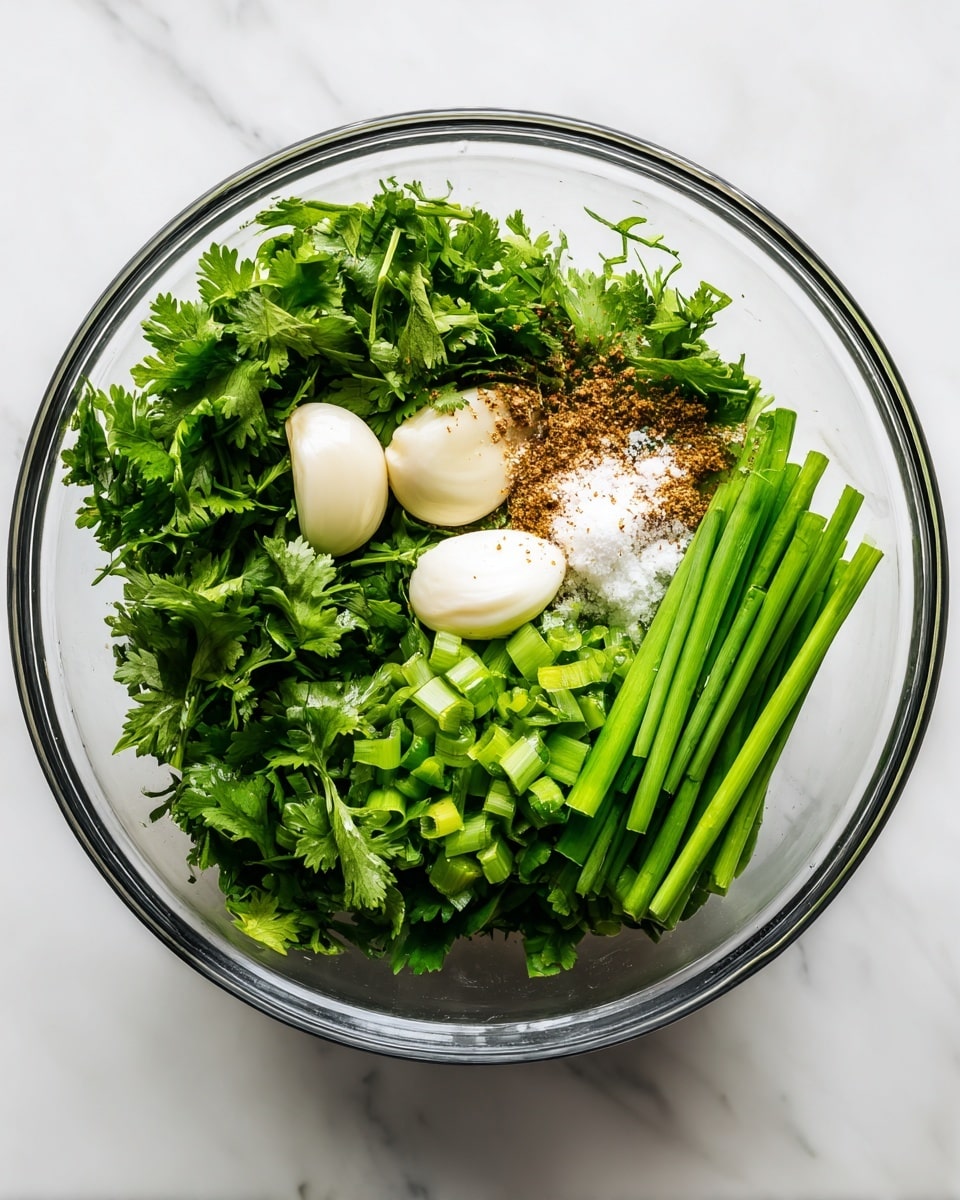 Inside a glass container, there is a base layer of bright green cilantro leaves with their distinct serrated edges, filling most of the space. On top and to one side, three whole peeled garlic cloves appear smooth and off-white. Scattered over the garlic and cilantro are small piles of white salt and a brown ground spice, adding fine texture. On the right side inside the glass, three chopped green onions stand vertically with hollow tubular ends showing, a fresh bright green color. The glass container sits on a white marbled surface. photo taken with an iphone --ar 4:5 --v 7