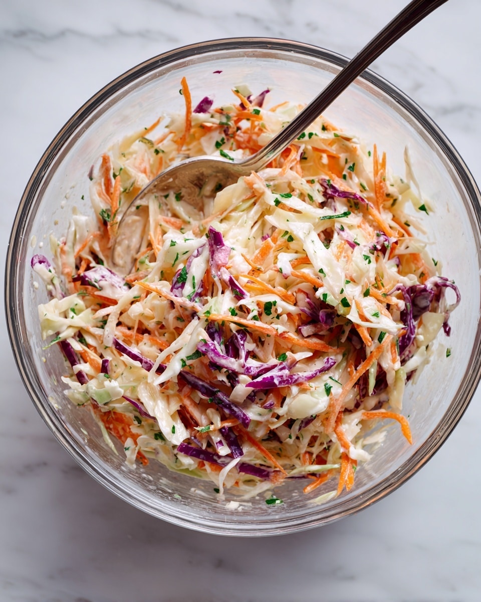 A clear glass bowl filled with a mix of shredded vegetables layered closely, showing white cabbage as the main base, with thin strips of orange carrots and purple cabbage spread evenly throughout. The mix is covered in a lightly creamy dressing with small green herb flakes sprinkled all over, adding a fresh look. A silver spoon is placed inside the bowl on the left side, ready to serve. The bowl sits on a surface with a white marbled texture. photo taken with an iphone --ar 4:5 --v 7