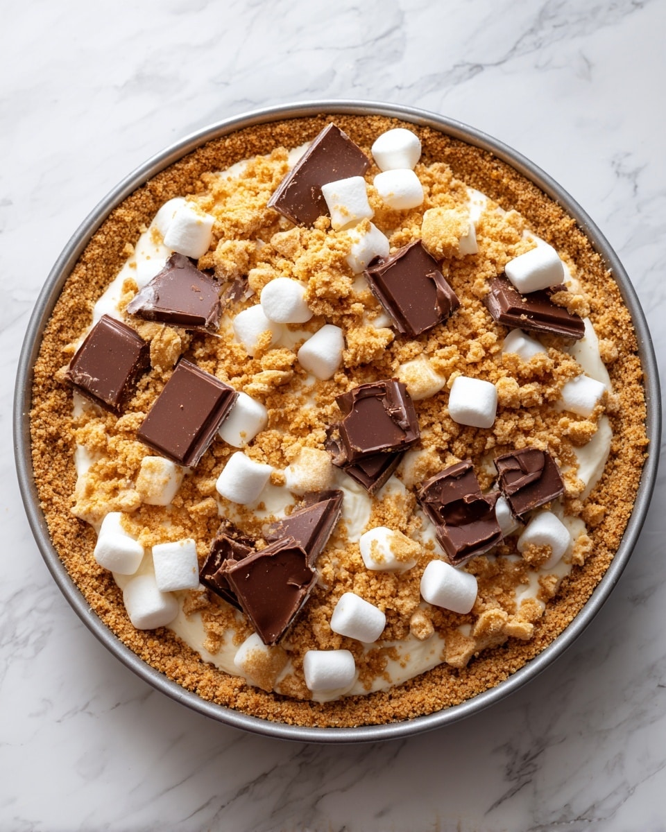 The image shows a three-layer dessert in a round metal pie tin on a white marbled surface. The bottom layer is a light brown crust with a crumbly texture, evenly pressed into the tin. The middle layer consists of small white marshmallows scattered across the crust, giving a soft and puffy look. The top layer features crumbled golden brown pieces loosely spread over the marshmallows, with dark brown rectangular pieces of chocolate placed evenly on top. The whole dessert presents a mix of smooth, crumbly, and soft textures in warm and neutral colors. Photo taken with an iphone --ar 4:5 --v 7