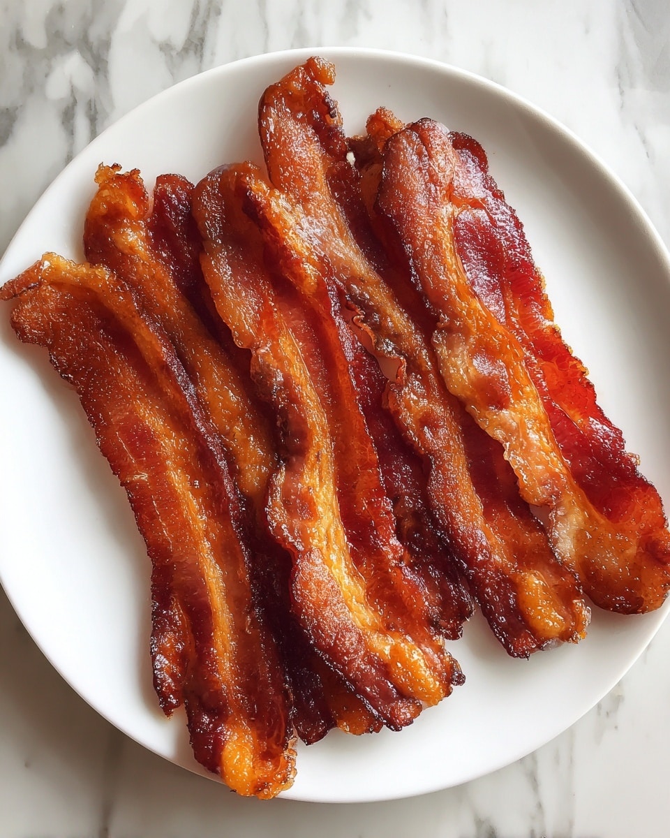 The image shows a white plate with six pieces of cooked bacon laid out side by side. The bacon strips have a rich reddish-brown color with shiny, crispy edges and some visible fat that looks slightly golden and glistening. The texture appears crunchy with slight curls at the ends. The white plate rests on a white marbled surface. photo taken with an iphone --ar 4:5 --v 7