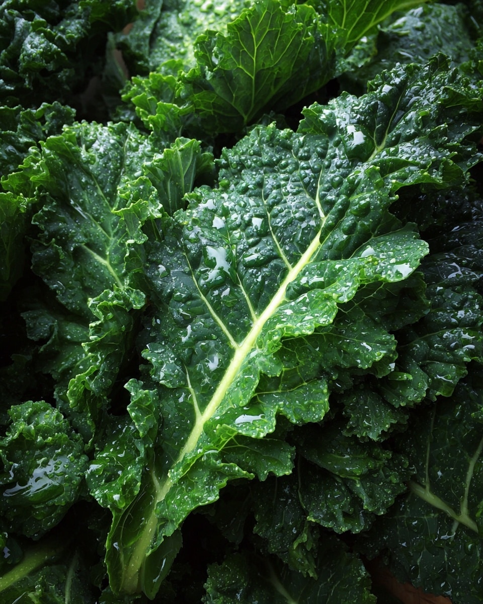 The image shows a close-up view of many dark green kale leaves with a shiny, slightly wet texture. The leaves are ruffled and layered on top of each other, filling the entire frame with bright, fresh green colors. The background is faintly visible but mostly covered by the kale. Photo taken with an iphone --ar 4:5 --v 7