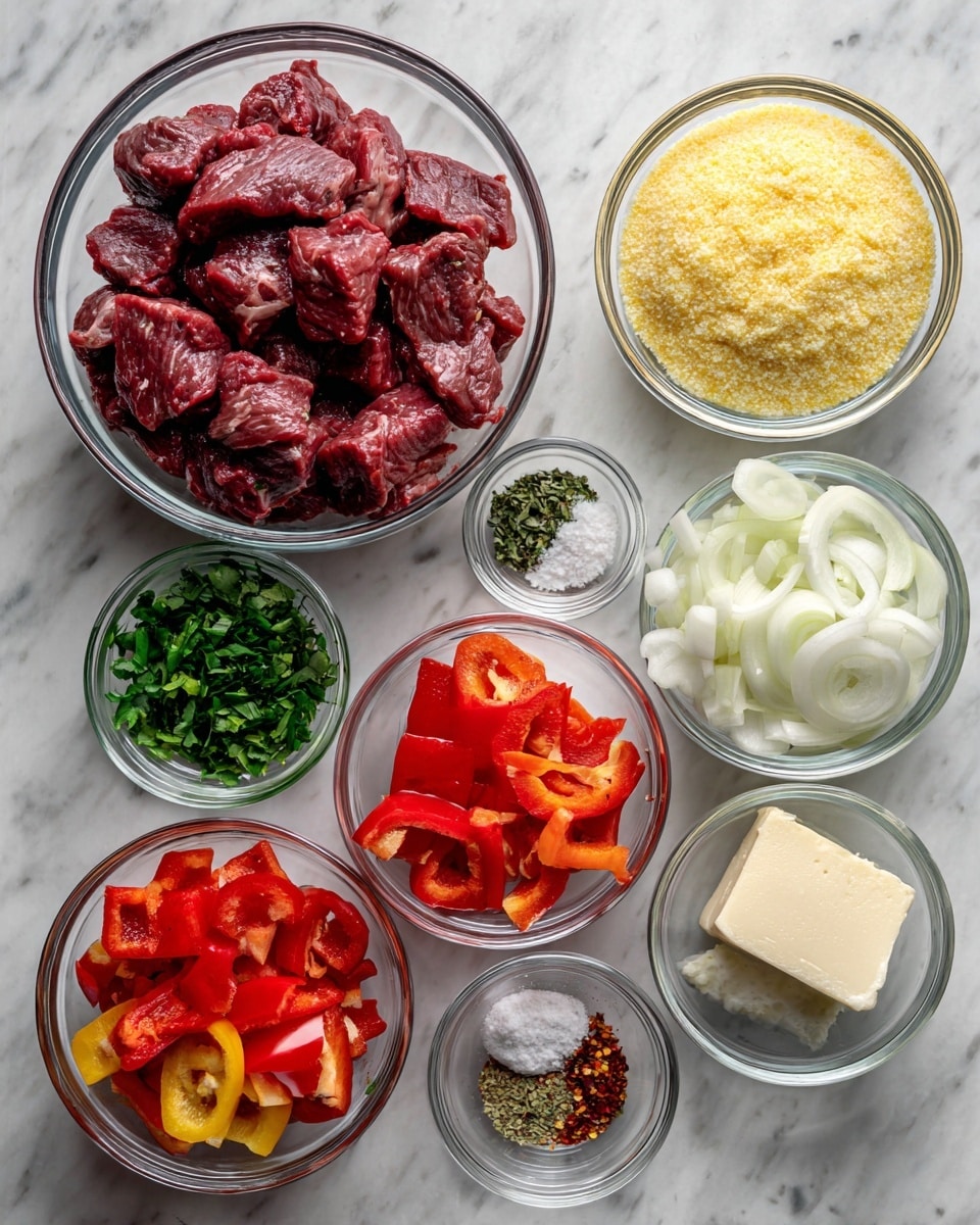 The image shows eight clear glass bowls arranged on a white marbled surface. The largest bowl on the left holds chunks of raw dark red meat, likely beef. Surrounding it are smaller bowls: one with fresh green herbs, one with pale yellow cornmeal or grits, one with sliced white onion, one with large pieces of bright red bell pepper, one with mixed dry seasonings featuring dried herbs and red chili flakes, one with a small block of pale yellow butter, and one with a small amount of white salt. The glass bowls are transparent and neatly arranged in a loose circle on the surface. Photo taken with an iphone --ar 4:5 --v 7