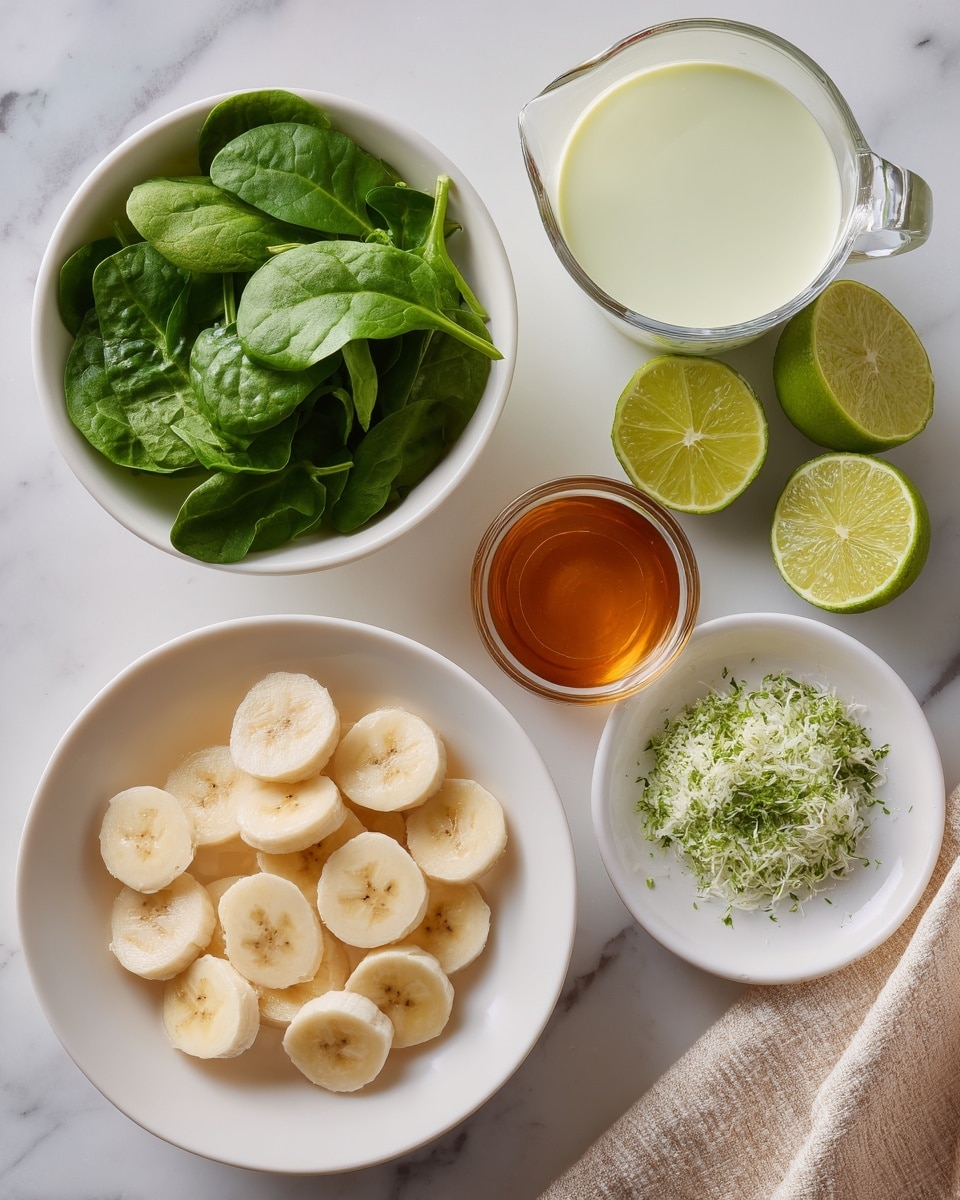 The image shows a white bowl filled with fresh, whole spinach leaves with a smooth texture on the bottom left. Above it and slightly to the right is a white bowl with light yellow-green liquid that looks smooth. To the right of that is a clear glass measuring cup holding a white, milky liquid. Above the measuring cup are two lime halves, bright green and juicy with visible segments. Next to the limes is a small white plate with finely grated green lime zest, looking fresh and fluffy. Above the zest is a small white bowl with a small amount of amber-colored syrup, smooth and shiny. On the left center is a white bowl filled with sliced yellow banana rounds with soft texture visible in each slice. In the top left corner, there is a white bowl filled with a smooth white creamy substance. All items are on a white marbled textured surface with a beige folded cloth on the bottom left corner. Photo taken with an iphone --ar 4:5 --v 7