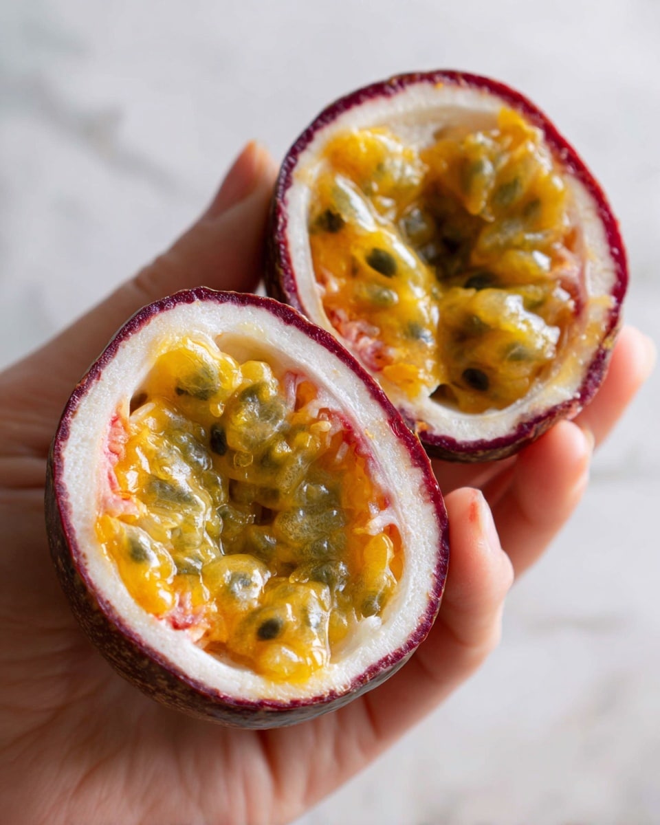 Two halves of a passion fruit are shown held by a woman's hand against a white marbled surface. The outer rind is smooth with a reddish-brown color. Inside, the fruit has a white pith layer just beneath the rind and is filled with bright yellow pulp that looks shiny and jelly-like. The pulp contains many small, dark black seeds scattered throughout, some embedded in translucent yellow tissue strands. The upper half has a larger hollow center, while the lower half shows a more compact filling. The image focuses closely on the texture and colors of the fruit. Photo taken with an iphone --ar 4:5 --v 7