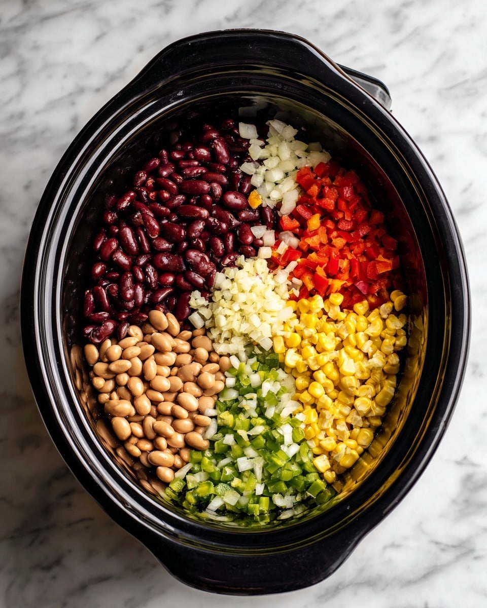 Inside a black slow cooker, there are seven distinct layers of ingredients arranged neatly. On the left bottom side, a layer of light brown beans forms the first section, next to it is a layer of small black beans. Above the black beans, a layer of larger dark red kidney beans takes up the top left half of the cooker. On the top right corner, there is a section of small, bright yellow corn kernels with some chopped red bell peppers mixed in. Below the corn and peppers, there is a layer of chopped green bell peppers and finely diced white onions that spread toward the middle of the cooker. In the top left corner, finely minced pale beige garlic rests next to the onions. The overall look is colorful and sectioned, showing a mixture of soft and slightly wet textures. The slow cooker is placed on a white marbled surface. photo taken with an iphone --ar 4:5 --v 7