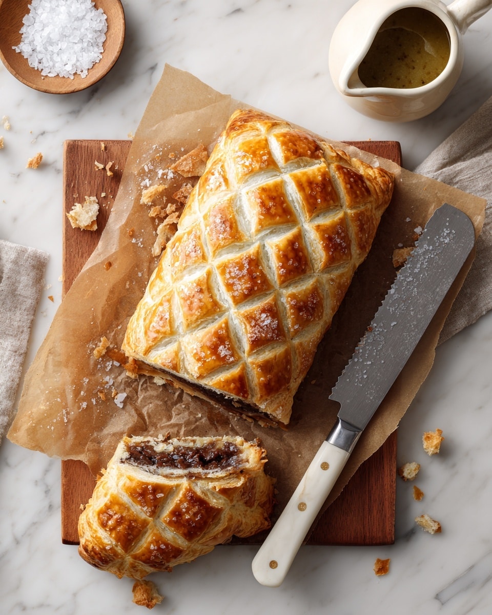 The image shows a baked pastry with a golden-brown crust, shaped like a small loaf with a lattice pattern on top revealing a dark brown filling inside. The pastry sits on brown parchment paper on a wooden board, which is placed on a white marbled surface. There are flaky crumbs scattered around it, and a slice of the pastry has been cut from the bottom, showing the filled dark center surrounded by flaky layers. To the right of the pastry is a serrated knife with a white handle, and above it, there is a small white jug with a greenish-brown sauce inside. A small round dish with coarse salt sits toward the top left corner. Photo taken with an iphone --ar 4:5 --v 7