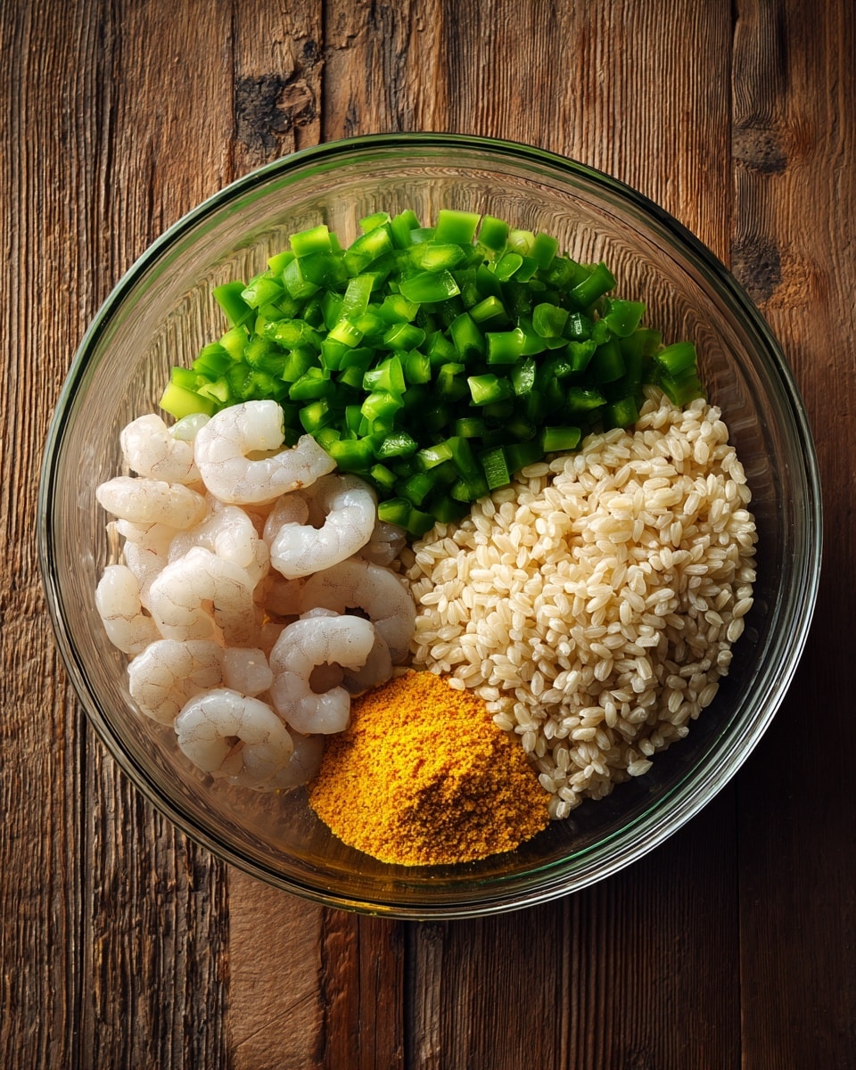 A clear glass bowl on a wooden surface holds four distinct layers of ingredients. At the bottom right, there is a pile of light beige uncooked rice with a rough texture. To the left, there are small chopped pieces of bright green bell pepper with a shiny texture. In the middle front, a cluster of raw, pale white shrimp sits slightly translucent and curled. At the bottom front edge, a small mound of yellow seasoning powder adds a pop of color. The background surface is wooden. photo taken with an iphone --ar 4:5 --v 7