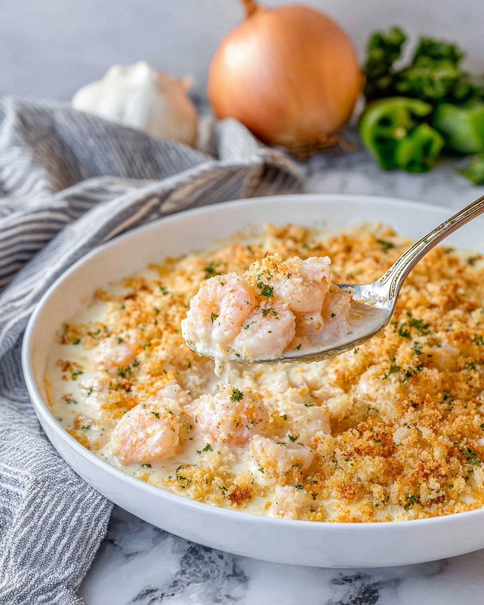 A white shallow pan filled with a creamy dish that has two main layers: a thick white sauce base with pieces of light pink shrimp mixed inside, and a crumbly golden-brown topping sprinkled with small green parsley leaves. A silver spoon is lifting some of the shrimp and sauce from the pan's right side, showing the texture of the creamy sauce and shrimp clearly. In the background, there is a whole onion and some green peppers placed on a white marbled surface, along with a gray and white striped cloth. Photo taken with an iphone --ar 4:5 --v 7