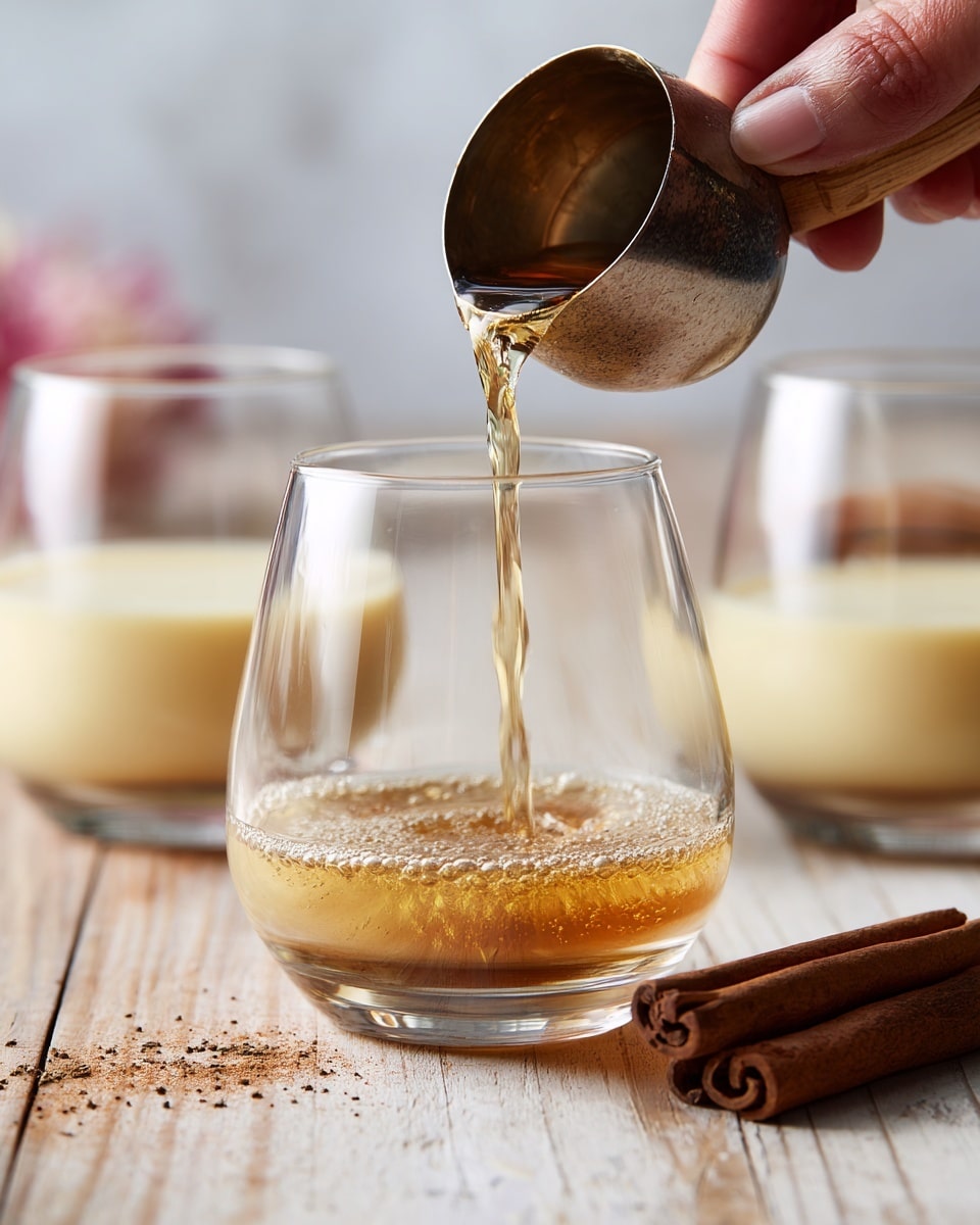 A clear glass tumbler is shown being filled with a golden-brown liquid from a small metal pouring tool with a wooden handle, held by a woman's hand in the top left corner. The glass sits on a light wooden surface with visible grain patterns, with two similar glasses filled with a creamy pale yellow liquid in the background, one on each side. To the right of the glass being filled lies a cinnamon stick on the wooden surface with small specks of cinnamon powder scattered around. The background is softly blurred, showing faint shapes and colors without distinct details. photo taken with an iphone --ar 4:5 --v 7