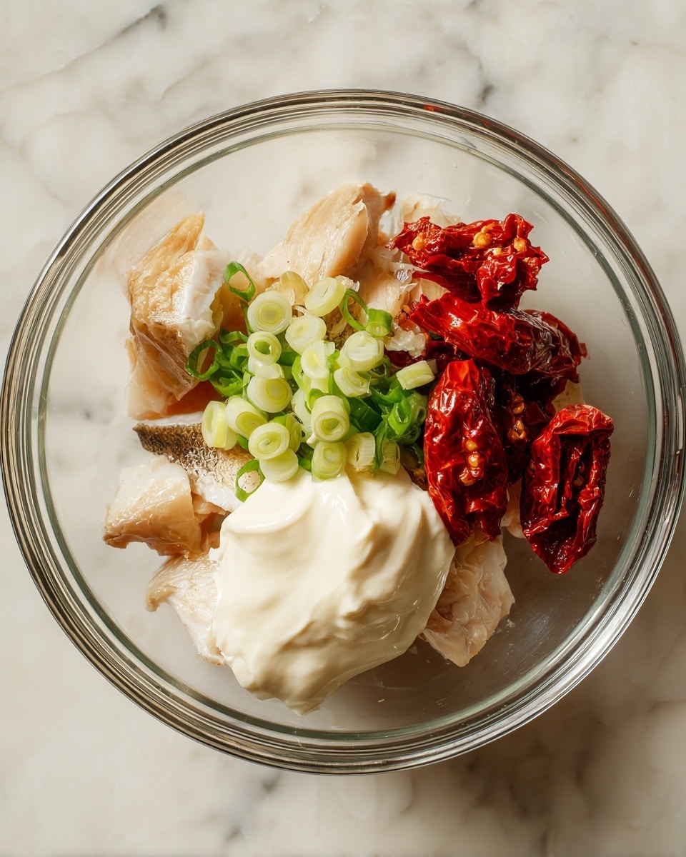 In a clear glass bowl, there are five main layers: at the bottom, several pieces of cooked fish with a light brown and slightly shiny texture; on top of the fish, bright red sun-dried tomatoes with wrinkled surfaces; a small pile of sliced pale green spring onions is placed in the center; next to the spring onions, a dollop of thick, white creamy sauce with a smooth texture; the bowl rests on a white marbled surface. photo taken with an iphone --ar 4:5 --v 7