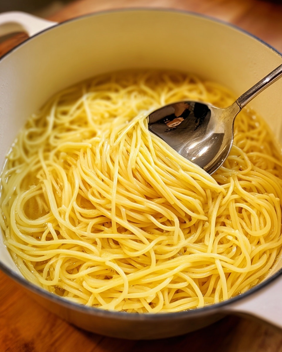 A close-up view of a large white pot filled with cooked spaghetti submerged in clear water, showing a shiny metal pasta spoon stirring the long, smooth yellow noodles. The pot sits on a wooden surface, and the focus is on the spaghetti coiled around the spoon, with the water creating a slight shine on the noodles. photo taken with an iphone --ar 4:5 --v 7