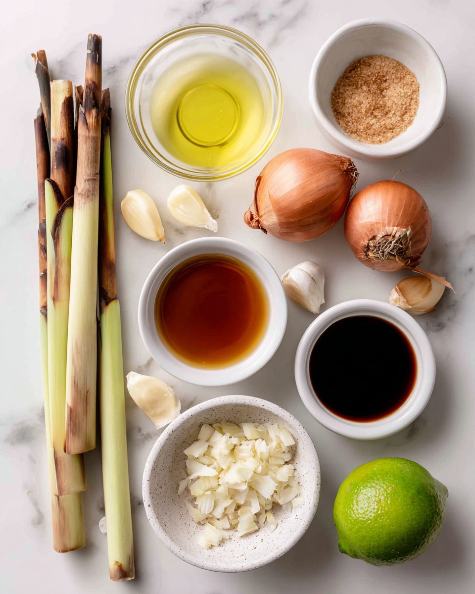 A flat lay of cooking ingredients on a white marbled surface includes two whole lemongrass stalks positioned horizontally near the top center, three whole shallots with a smooth brownish skin arranged nearby, and three peeled garlic cloves with some loose garlic skins scattered on the left side. At the top left is a transparent white bowl filled with light yellow oil. To the right of the oil is a white bowl holding chopped lemongrass pieces, while a white bowl containing dark soy sauce is placed to the right of the shallots. Below the oil is a white bowl of light brown liquid, next to a white bowl filled with light brown packed brown sugar. At the bottom left corner, there is a speckled white bowl with finely chopped shallots. On the right bottom corner, there is a fresh green lime, with one half showing the juicy interior. Photo taken with an iphone --ar 4:5 --v 7