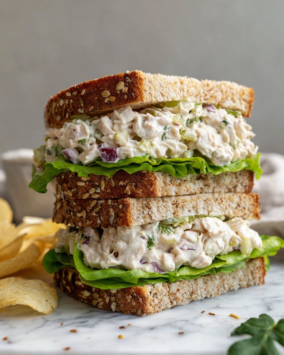 A close-up of a sandwich stacked in two layers with three slices of multigrain bread showing visible seeds and grains in a light brown color. Between the bread slices, there is a thick spread of creamy chicken salad mixed with small pieces of red onion, celery, and herbs in off-white and green shades. A layer of bright green lettuce leaves adds freshness under the chicken salad. The sandwich sits on a white marbled surface with some scattered herbs and a few potato chips on the side. The background is simple with soft gray tones. Photo taken with an iphone --ar 4:5 --v 7