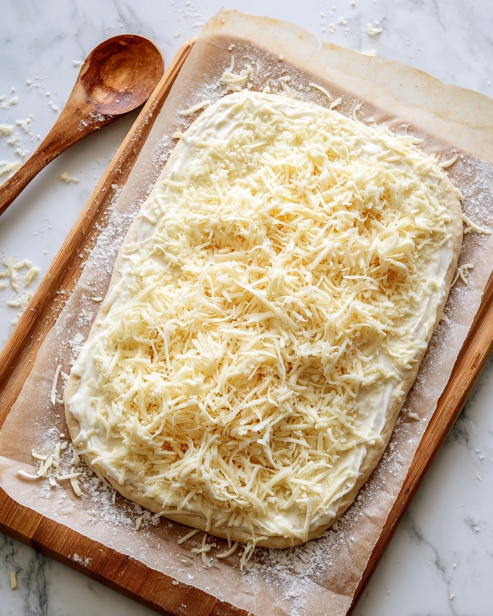 A rectangular dough is spread out on parchment paper placed on a wooden board. The dough is covered fully in a thick, creamy white sauce and topped with a generous layer of shredded pale yellow and white cheese. The edges of the dough are slightly uneven, and small bits of cheese are scattered around the perimeter. A small wooden spoon is placed on the left side near the dough, and the background is a white marbled surface. photo taken with an iphone --ar 4:5 --v 7