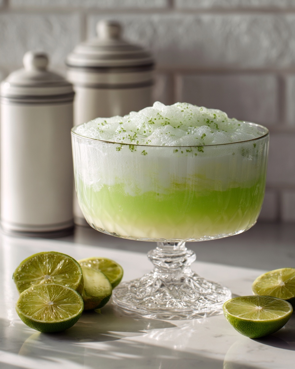 A large clear glass bowl with two main layers is shown: the bottom layer is a smooth, bright green liquid, and the top layer is a thick, white foam with some light green specks throughout. The bowl sits on a clear glass pedestal with a detailed, textured base. Surrounding the bowl are several lime wedges placed on a white marbled surface. In the background, there are white canisters with black rims in front of a white brick wall. The lighting is soft and natural, highlighting the freshness of the drink. photo taken with an iphone --ar 4:5 --v 7