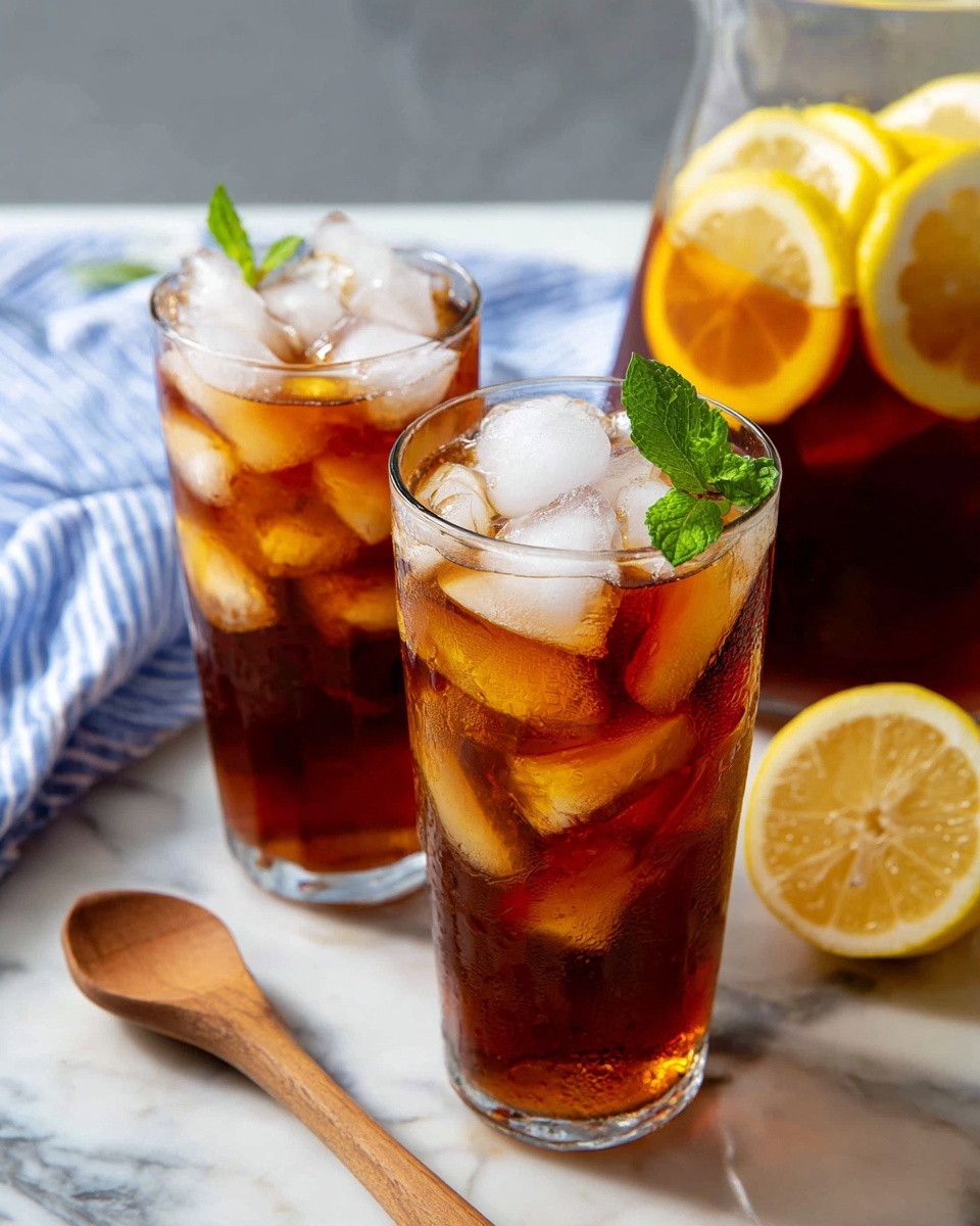 Two clear glasses filled with dark amber iced tea, each containing many white ice cubes on top, a bright yellow lemon slice inside near the top, and a small green mint leaf resting on the ice. In the background, a clear glass pitcher filled with the same amber iced tea and lemon slices is visible. The glasses and pitcher are all placed on a white marbled surface with a wooden spoon and a piece of blue fabric with white stripes nearby. photo taken with an iphone --ar 4:5 --v 7