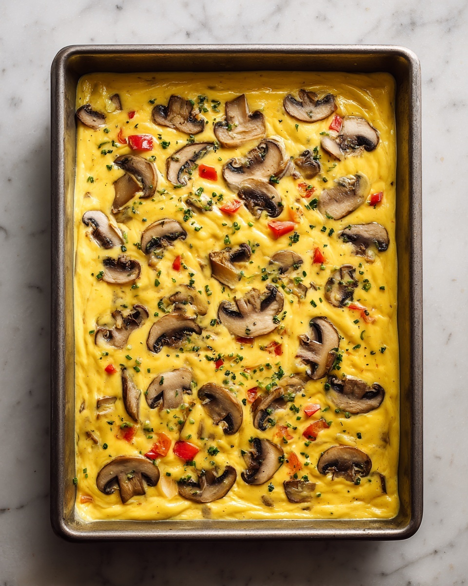 A large rectangular baking tray filled with a thick yellow mixture that looks smooth and creamy. Scattered evenly across the surface are sliced brown mushrooms and small pieces of red bell pepper. Tiny green herb bits are sprinkled lightly over the top, adding a touch of color contrast. The mixture fills the tray edge to edge, creating a flat, even layer with a slightly glossy texture. The tray is placed on a white marbled surface. photo taken with an iphone --ar 4:5 --v 7
