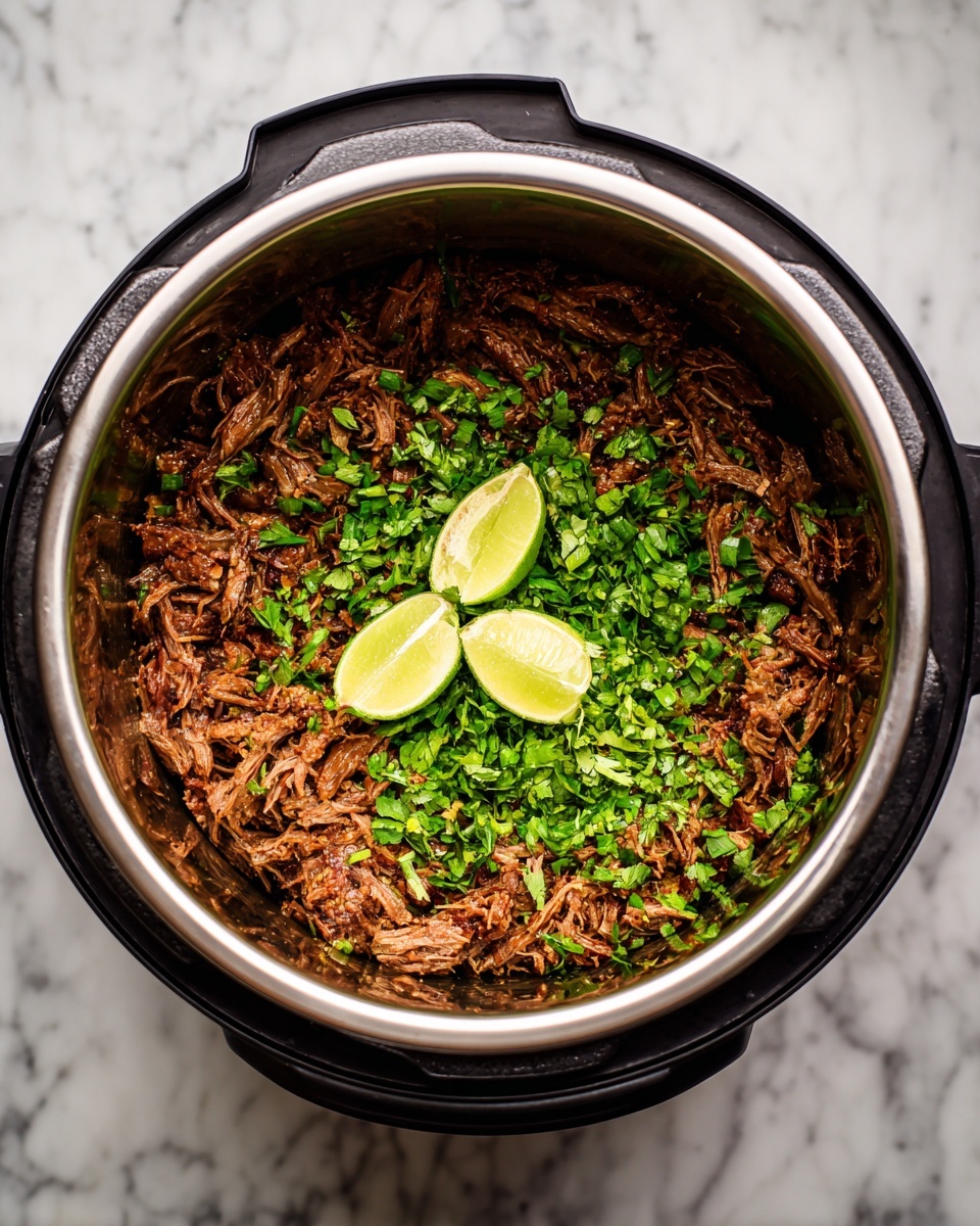The image shows two layers inside a metal pot of an instant pot. The first and bottom layer is shredded brown cooked meat with juicy texture spread evenly inside the pot. The second layer is small chopped fresh green herbs scattered on top of the meat, with two lime wedges placed in the center. The pot is on a white marbled surface. photo taken with an iphone --ar 4:5 --v 7