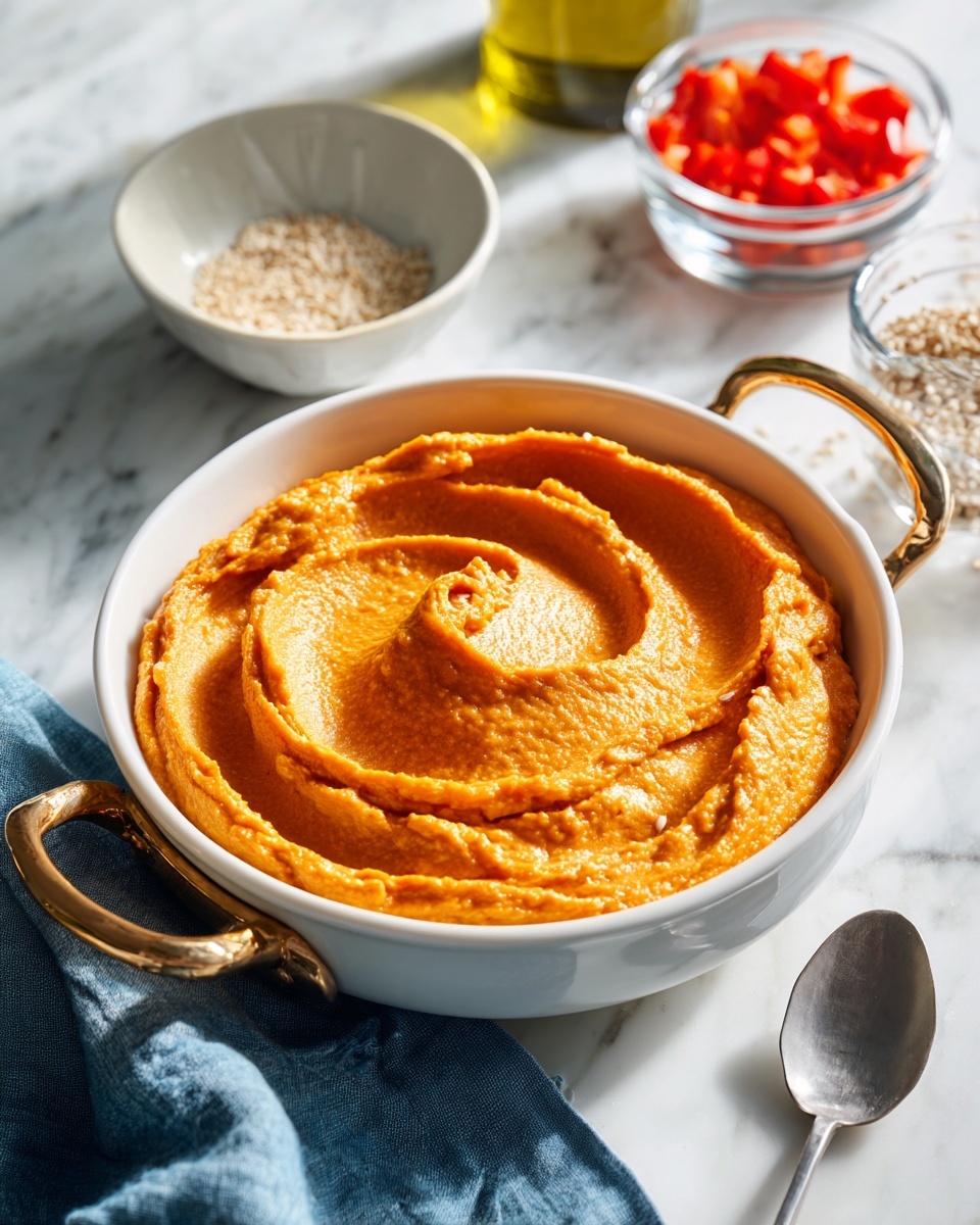 A white bowl with gold handles holds a thick, smooth orange spread, swirled in a circular pattern with gentle peaks and valleys, sitting on a white marbled surface. Nearby, there is a small white bowl with sesame seeds and a glass bowl with diced red peppers. A bottle of olive oil stands in the background, and a shiny spoon rests on a blue cloth beside the bowl. The lighting highlights the creamy texture and rich color of the orange spread, photo taken with an iphone --ar 4:5 --v 7