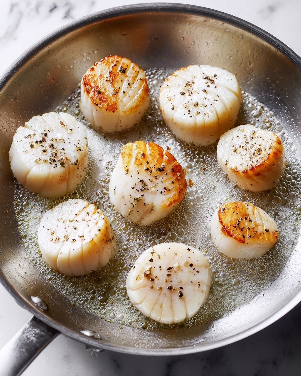 This image shows seven round, white scallops cooking in a shiny silver pan. Each scallop has a slightly ridged texture on the top and is sprinkled with black pepper, giving small dark specks across their surfaces. The scallops are arranged in two irregular rows, with four closer to the back and three in the front. There is a thin layer of clear oil bubbling gently beneath them, adding a glistening effect to the pan’s smooth metal inside. The background has been changed to a white marbled texture. photo taken with an iphone --ar 4:5 --v 7
