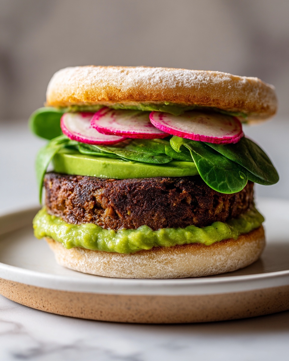 A sandwich sits on a white plate on a white marbled surface. The sandwich has four visible layers between two toasted light brown English muffin halves. The bottom layer is a cooked patty, dark brown with a rough texture. Above it is a thick spread of green sauce or spread, smooth in texture. On top of the green spread are thin round slices of radish, light pink with white centers, arranged flat. The next layer is fresh green spinach leaves, slightly curled and crisp. The top English muffin halves lightly dusted with flour closes the sandwich. Photo taken with an iphone --ar 4:5 --v 7