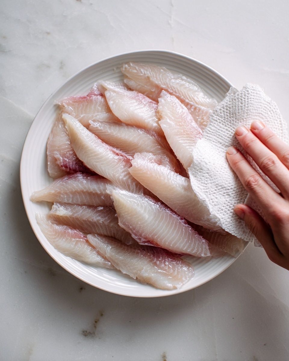 A white plate filled with many small, shiny, silver and pale pink fillets of fish arranged closely together in a single layer. A woman's hand is holding a white textured paper towel gently pressing on the fillets in the upper right part of the plate. The surface under the plate is a white marbled texture. photo taken with an iphone --ar 4:5 --v 7