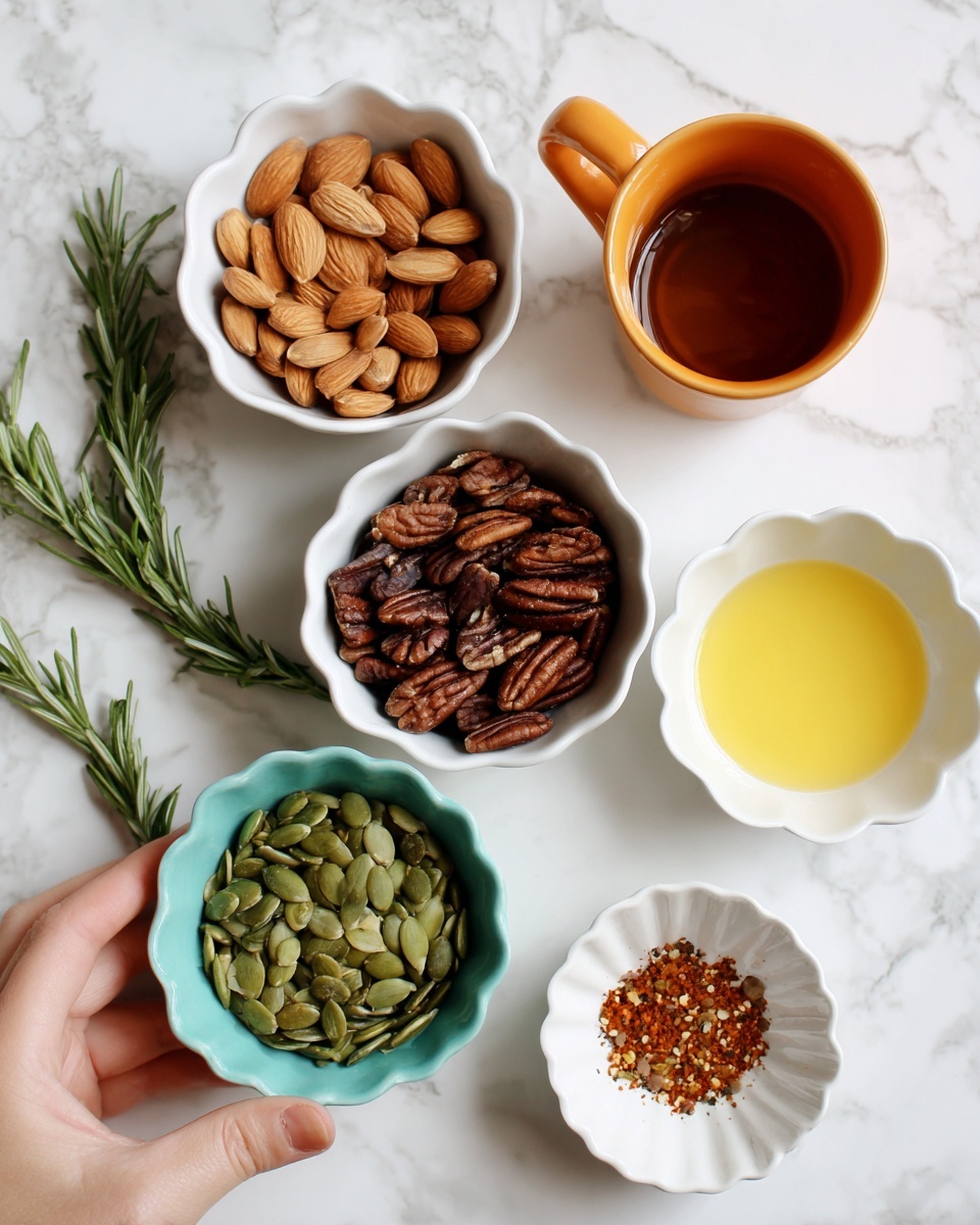 The image shows five small bowls placed on a white marbled surface. The top left bowl is white and filled with light brown almonds. Below it, a woman’s hand is close but not touching the bowl. In the bottom middle, there is a white bowl with a turquoise inside, filled with dark brown pecans. To the right of the almonds, there is a white bowl filled with green pumpkin seeds. Above the pecans bowl, there is a light orange cup filled with a dark brown liquid, and next to it a small white bowl with melted yellow butter. Lastly, a tiny white fluted bowl holds a small pile of reddish-brown spice, likely cinnamon or chili powder. Some fresh green rosemary sprigs are at the bottom left corner. Photo taken with an iphone --ar 4:5 --v 7