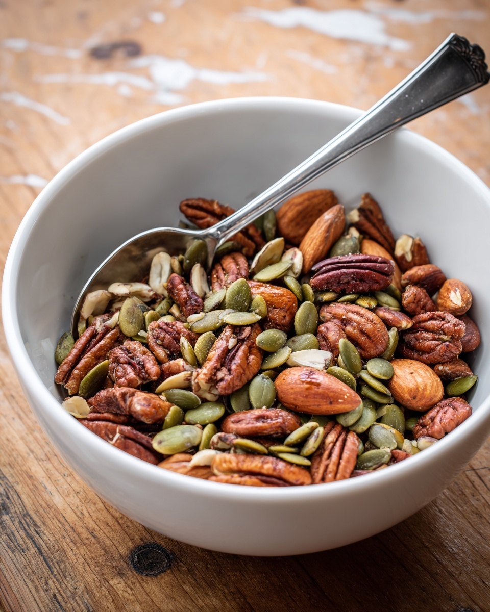 A white bowl filled with a mix of toasted nuts and seeds, showing one layer of pecans, almonds, and green pumpkin seeds all mixed together, creating a textured and earthy color palette of brown and green. A silver spoon is placed inside the bowl, resting on the edge, with some of the nuts and seeds settled around it. The bowl is set on a wooden surface with a white marbled background. photo taken with an iphone --ar 4:5 --v 7