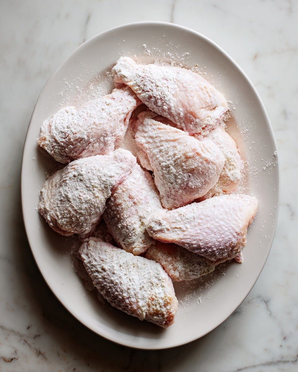 A white oval plate is filled with seven pieces of raw chicken, each covered in a thin layer of pale white flour, giving them a powdery texture. The chicken pieces are pinkish with some light fat edges, arranged close together in a loose overlapping manner that covers nearly the entire plate. The plate is placed on a white marbled surface that adds a light contrast to the flour-dusted chicken. photo taken with an iphone --ar 4:5 --v 7