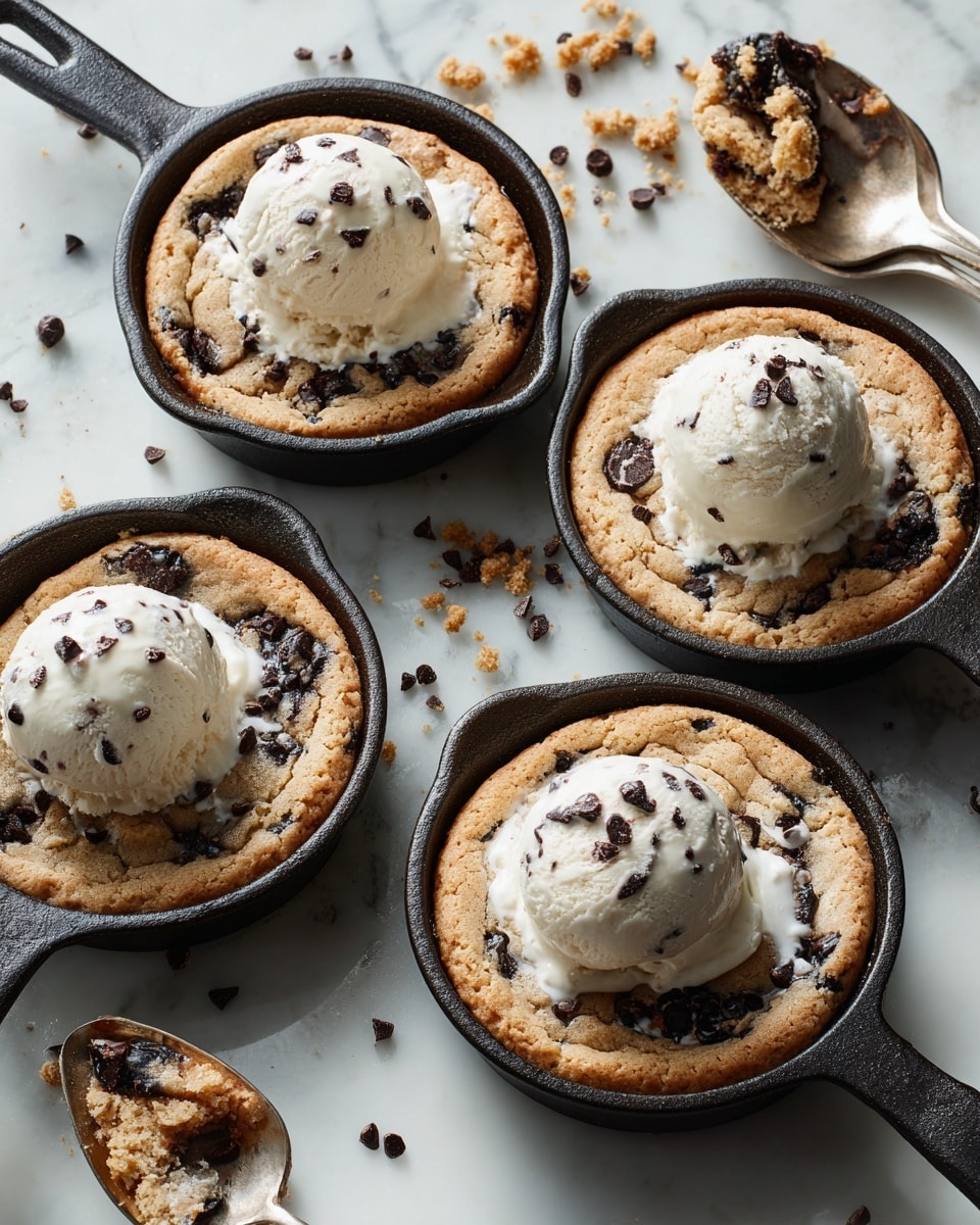Four small cast iron skillets each hold a warm, thick cookie base with a golden brown edge and visible chunks of dark chocolate scattered within. On top of each cookie, there are one or two scoops of creamy white ice cream speckled with chocolate bits, melting slightly into the warm cookie. The skillets rest on a white marbled surface with scattered cookie crumbs around them. A spoon with some cookie and chocolate sits to the side, showing a close-up of the dense texture. photo taken with an iphone --ar 4:5 --v 7