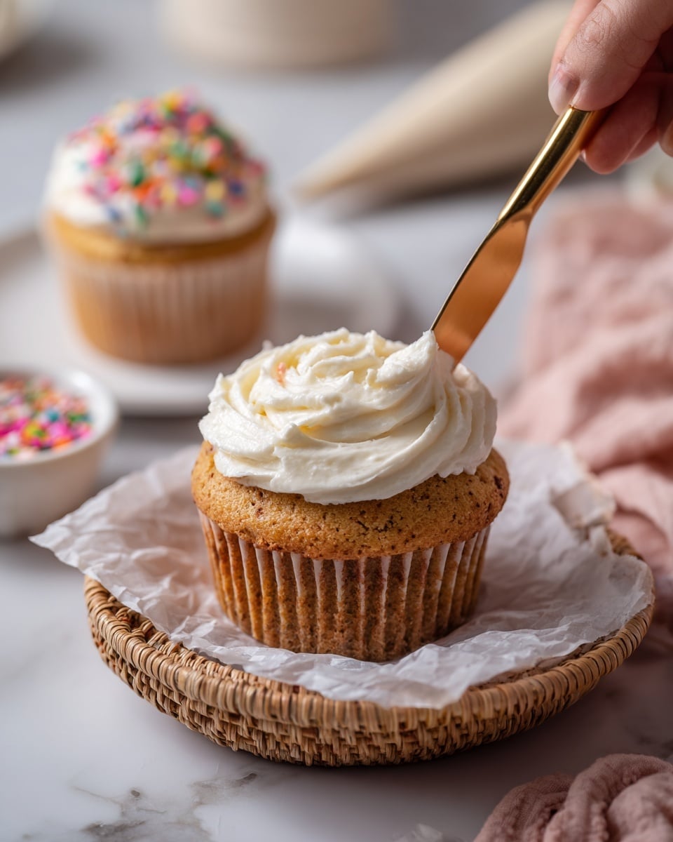 The image shows a single cupcake with a light brown, textured base and a thick layer of smooth white frosting being spread on top with a gold knife held by a woman's hand. In the background, there is another cupcake with white frosting and colorful sprinkles on a white plate and a small white bowl of multi-colored sprinkles visible. The cupcake is placed on white parchment paper within a light woven basket on a white marbled surface. The colors are soft and warm, focusing on the cupcake and frosting details in the foreground, with a blurred background showing a piping bag and another cupcake. photo taken with an iphone --ar 4:5 --v 7