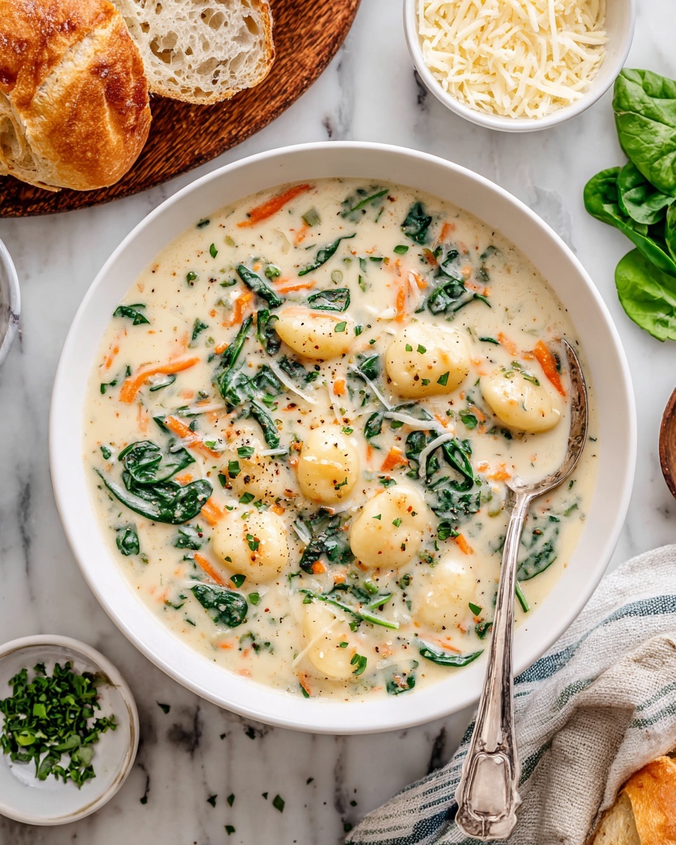 A white bowl filled with creamy soup that has three main layers: the creamy white broth with soft gnocchi round shapes, shredded orange carrot pieces, and green spinach leaves mixed throughout, topped with small bits of green herbs. There is a silver spoon resting inside the bowl on the right side. The bowl sits on a white marbled surface, with slices of crusty white bread on a wooden board at the top, a small white bowl of grated cheese at the bottom, and fresh green herbs on the upper right corner. Photo taken with an iphone --ar 4:5 --v 7