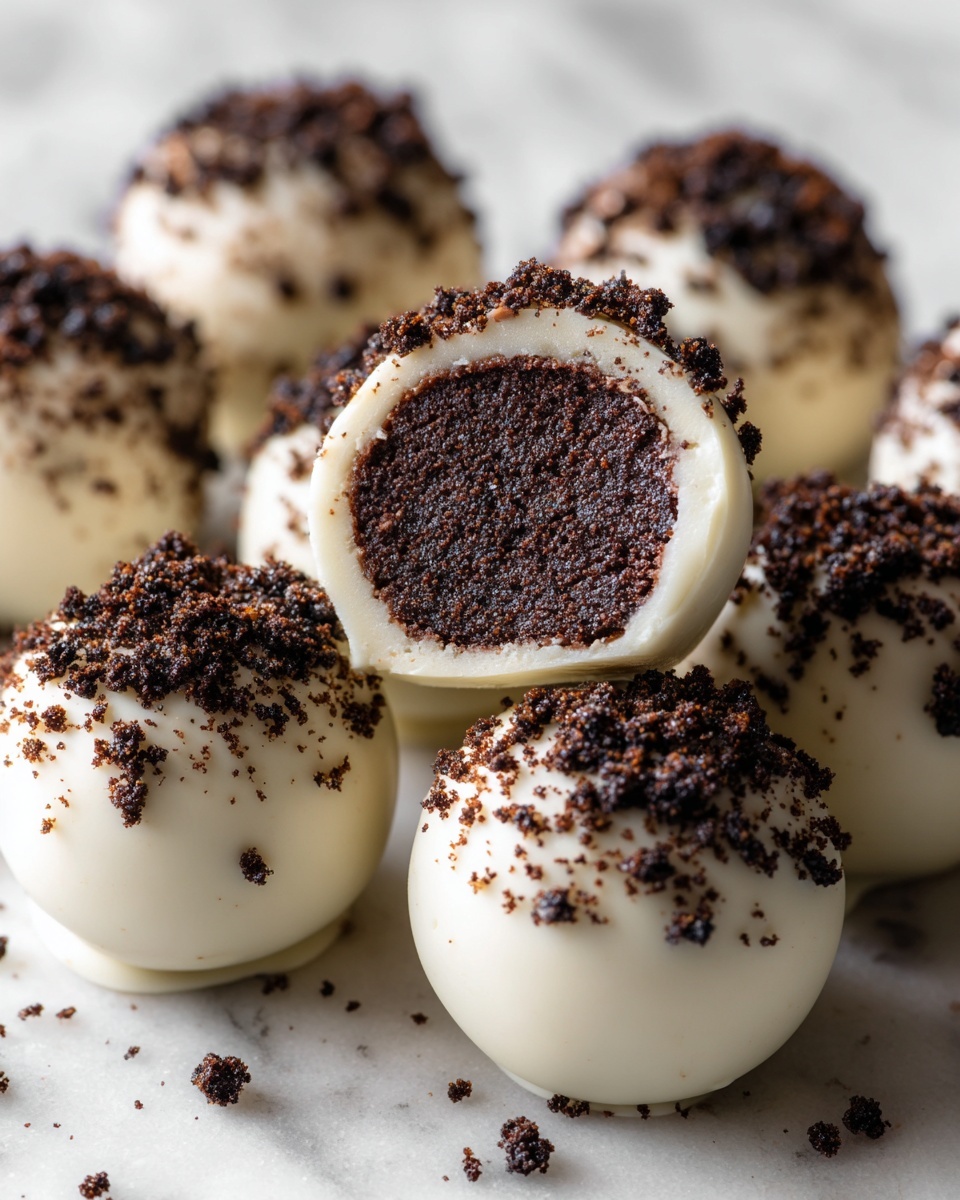 The image shows several round dessert balls with a smooth, white outer layer that looks like white chocolate, covered on top with dark brown cookie crumbs. One ball in the center is open, showing a dense, dark brown inside that looks moist and rich. The crumbly topping is scattered unevenly on each ball. They are placed close together on a surface with a white marbled texture. photo taken with an iphone --ar 4:5 --v 7