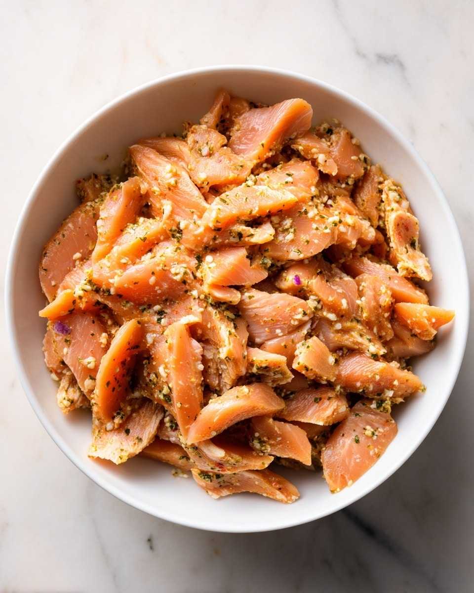 A white bowl filled with many small, thin pieces of raw chicken that are slightly pink and orange from spices. The chicken is mixed with herbs and small white bits, likely garlic or seasoning, giving a textured look. The pieces are spread out evenly, showing a mix of smooth and uneven surfaces with some darker spots from the seasoning. The bowl is on a white marbled surface, giving a clean background. photo taken with an iphone --ar 4:5 --v 7
