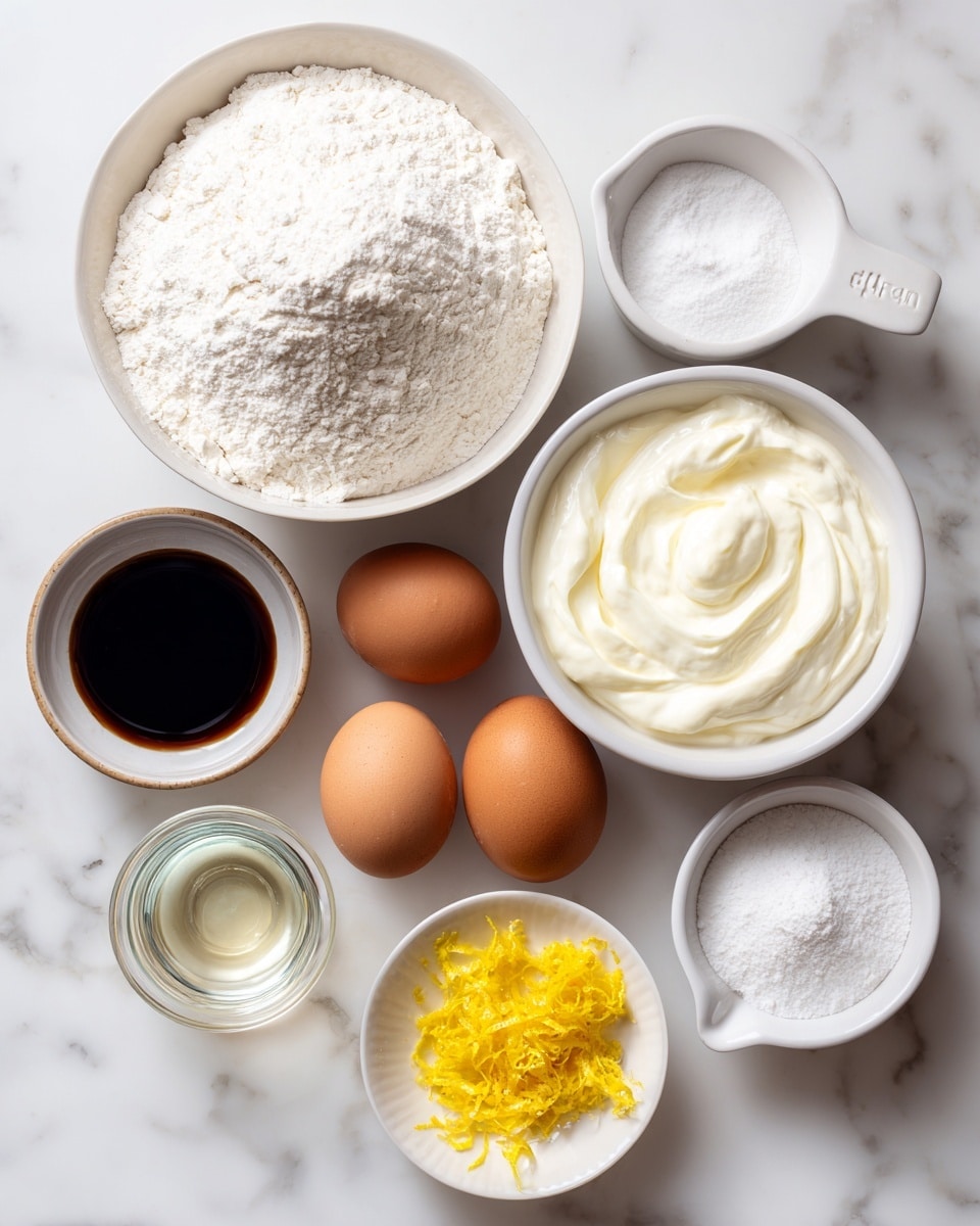 A white bowl filled with white flour sits on the left, next to a white bowl filled with thick white yogurt in the middle, and a white measuring cup holding fine white sugar on the right. In front of them, three brown eggs lie side by side on the white marbled surface. Near the eggs, a small white bowl contains dark vanilla extract. Below, a white jar with clear liquid and a small white bowl with white powder are placed, alongside a white dish with bright yellow lemon zest. All items are set neatly against the white marbled background. photo taken with an iphone --ar 4:5 --v 7