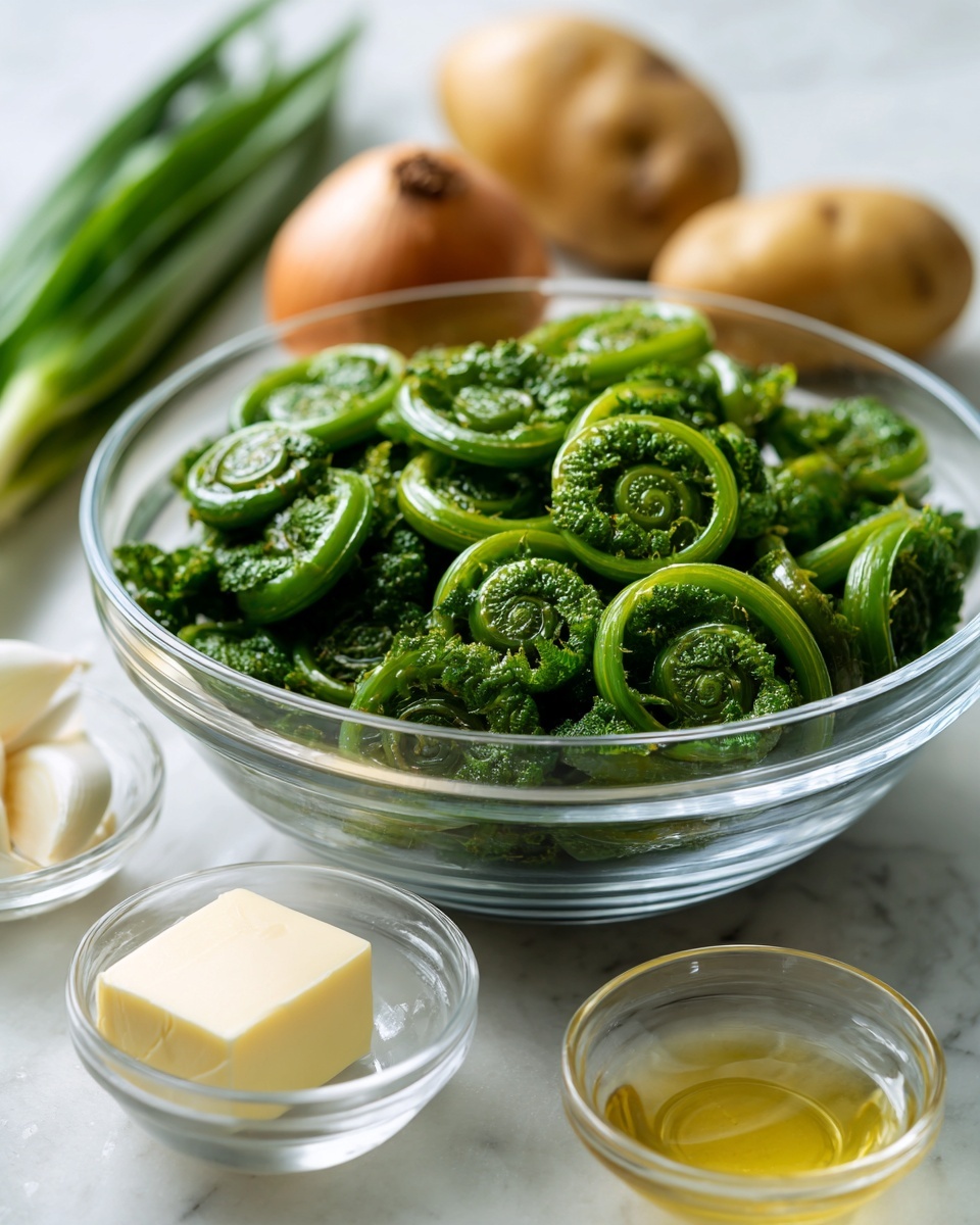A clear glass bowl filled with bright green fiddlehead ferns, arranged in a loose pile showing their spiral shapes and glossy texture. Around the bowl on a white marbled surface are small glass bowls holding a pale block of butter and light yellow broth, an unpeeled shallot, and two light brown potatoes. The scene is clean and fresh, with a focus on the vibrant green ferns and natural ingredients. Photo taken with an iphone --ar 4:5 --v 7