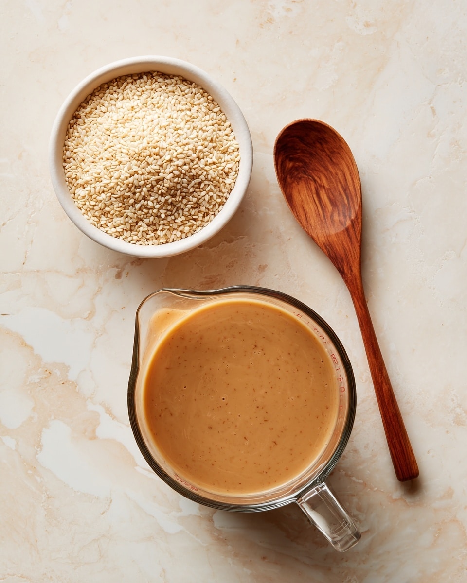 The image shows a clear glass measuring cup filled with a smooth, light tan sauce that has small bits of seeds mixed in. Inside the cup, a light brown wooden spoon rests with its handle leaning to the right. To the left of the measuring cup is a white bowl filled with light beige sesame seeds. The surface underneath everything has a white marbled texture. Photo taken with an iphone --ar 4:5 --v 7