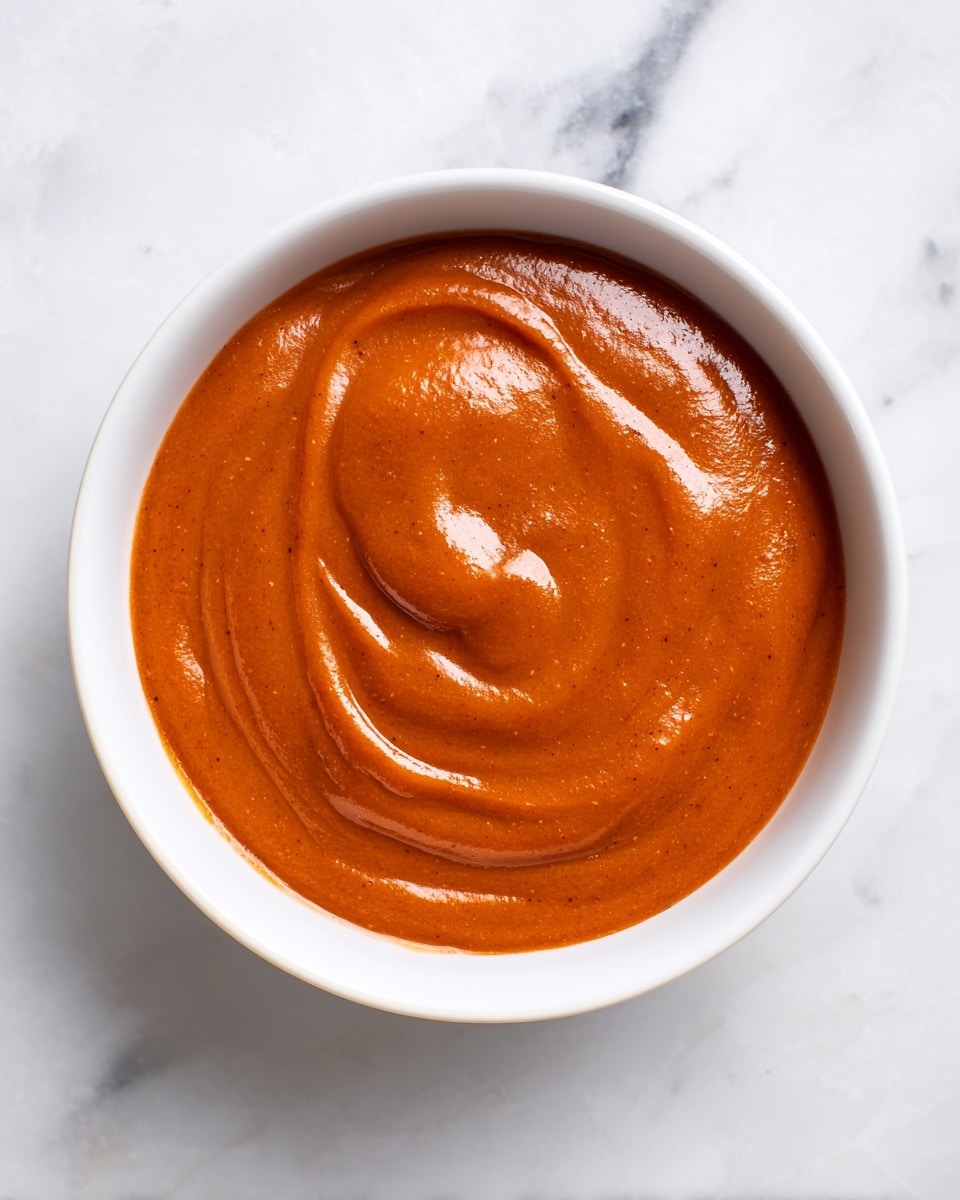 The image shows a single white bowl filled with a smooth, thick sauce that has a rich orange color. The sauce is spread evenly inside the bowl with gentle swirls and a shiny surface that shows its creamy texture. The bowl sits on a white marbled surface, and there are no additional items in the scene, making the orange sauce the clear focus of the image. The photo taken with an iphone --ar 4:5 --v 7