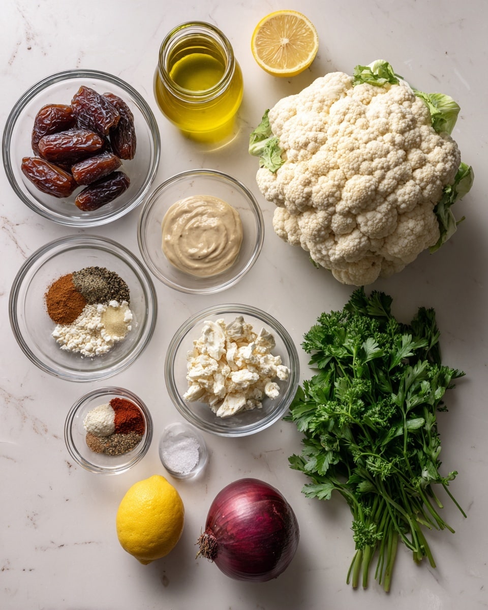 The image shows a collection of ingredients laid out on a white marbled surface. There is a large head of white cauliflower on the right and a bunch of fresh green parsley next to it. A whole red onion is placed near the parsley. Several small clear glass bowls hold different ingredients: one has creamy beige tahini, another has five whole brown dates, a separate bowl contains toasted pine nuts which are light brown, and another bowl has a crumbled white cheese. There is also a bowl with mixed spices including light brown, red, and black powders, and a tiny bowl with salt and pepper. A yellow lemon and a clear bowl with water are also present. A small glass jar of golden olive oil is nearby. The setup is simple and clean, with no plate or cooked food, just the raw ingredients organized neatly photo taken with an iphone --ar 4:5 --v 7
