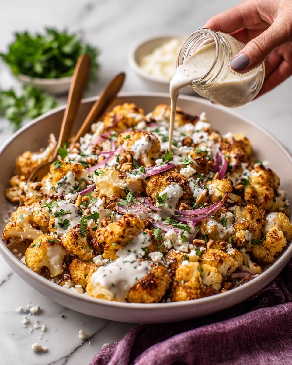 A large shallow white bowl holds many golden brown roasted cauliflower florets, mixed with small pieces of toasted nuts and finely chopped fresh green herbs scattered on top. White creamy sauce is being poured over the cauliflower from a small clear glass jar by a woman's hand on the right side. Crumbled white cheese is sprinkled lightly over the dish along with some red onion bits visible under the sauce. A wooden serving fork is placed inside the bowl pressed slightly into the cauliflower on the left side. The bowl sits on a white marbled surface with some fresh flat-leaf parsley in the upper left corner and a small white dish of crumbled cheese to the right, next to a folded soft purple cloth. Photo taken with an iphone --ar 4:5 --v 7