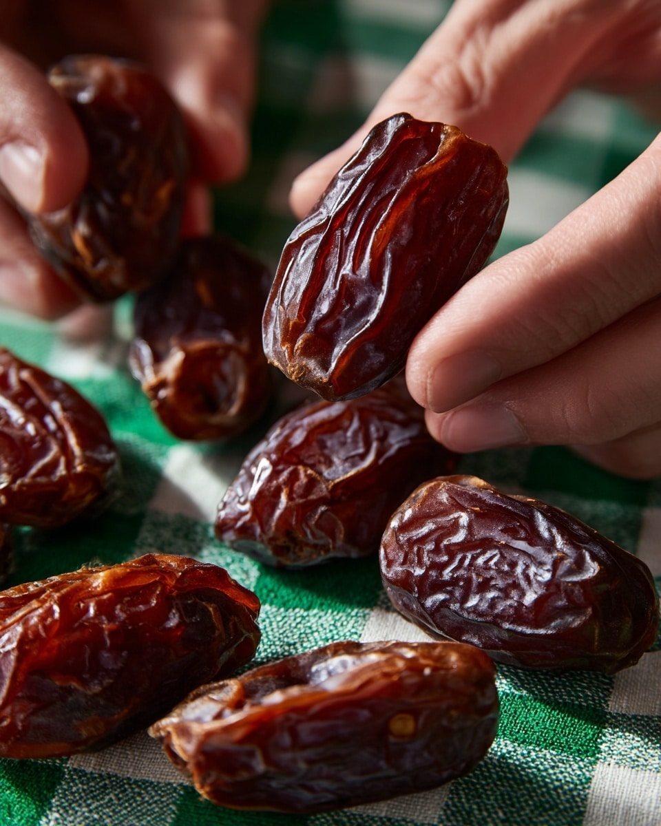 A close-up view shows several dark brown dates with a shiny, wrinkled texture arranged on a green and white checkered surface. In the foreground, a pair of hands is seen holding and opening one date. The skin of the dates has slight tears and varies in shades of brown with reddish undertones. The hands are positioned at the bottom center of the image with fingers gently pulling the date apart. photo taken with an iphone --ar 4:5 --v 7