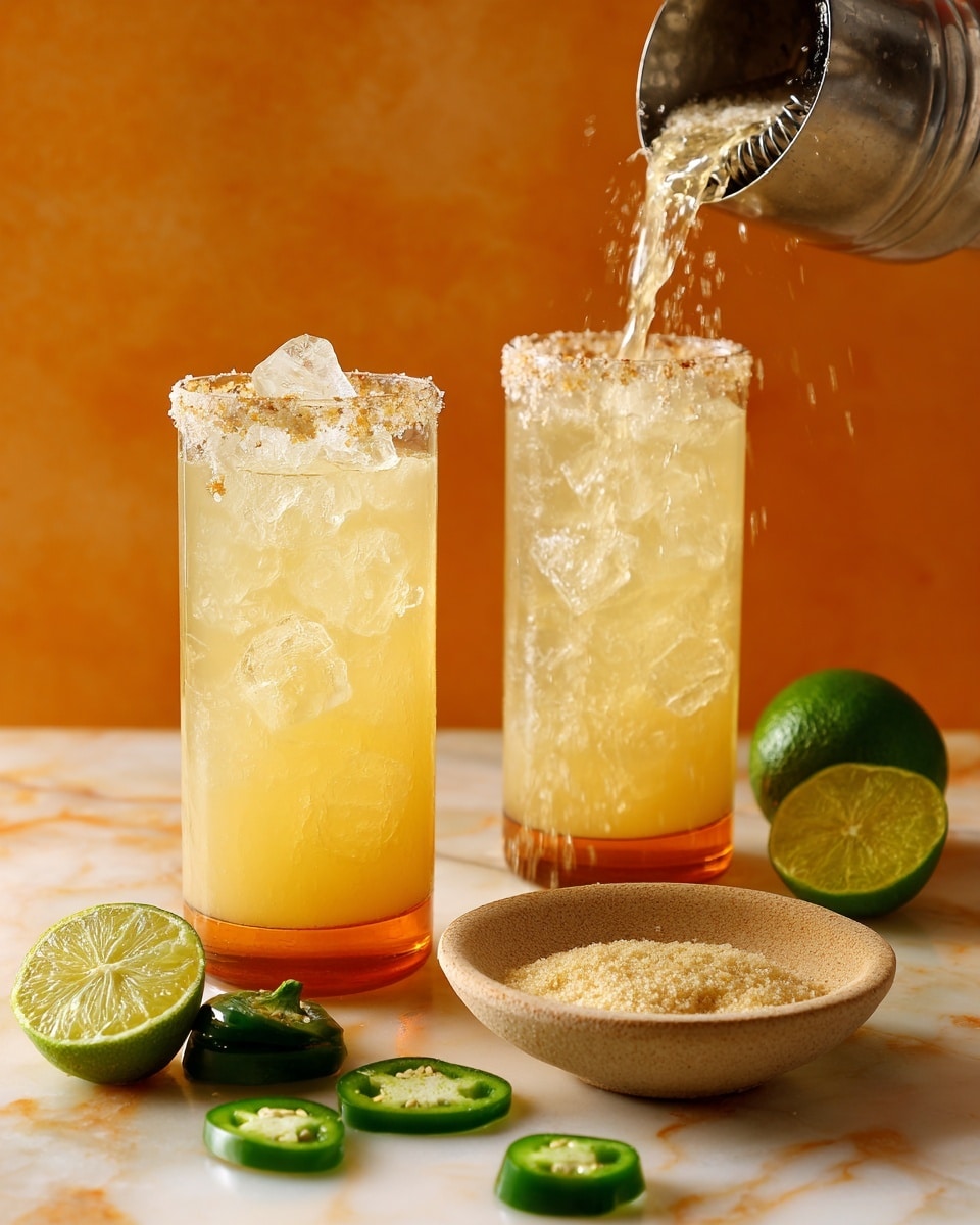 The image shows two tall cocktails in clear glass cups with an orange base, each rimmed with salt and filled with large ice cubes and a light yellow drink. A metal shaker pours more drink into one of the glasses. In the front right, there is a small round tan bowl filled with coarse salt and three slices of green jalapeño pepper. Whole jalapeños and lime wedges sit on the white marbled surface around the glasses. The background is a solid warm orange color. photo taken with an iphone --ar 4:5 --v 7