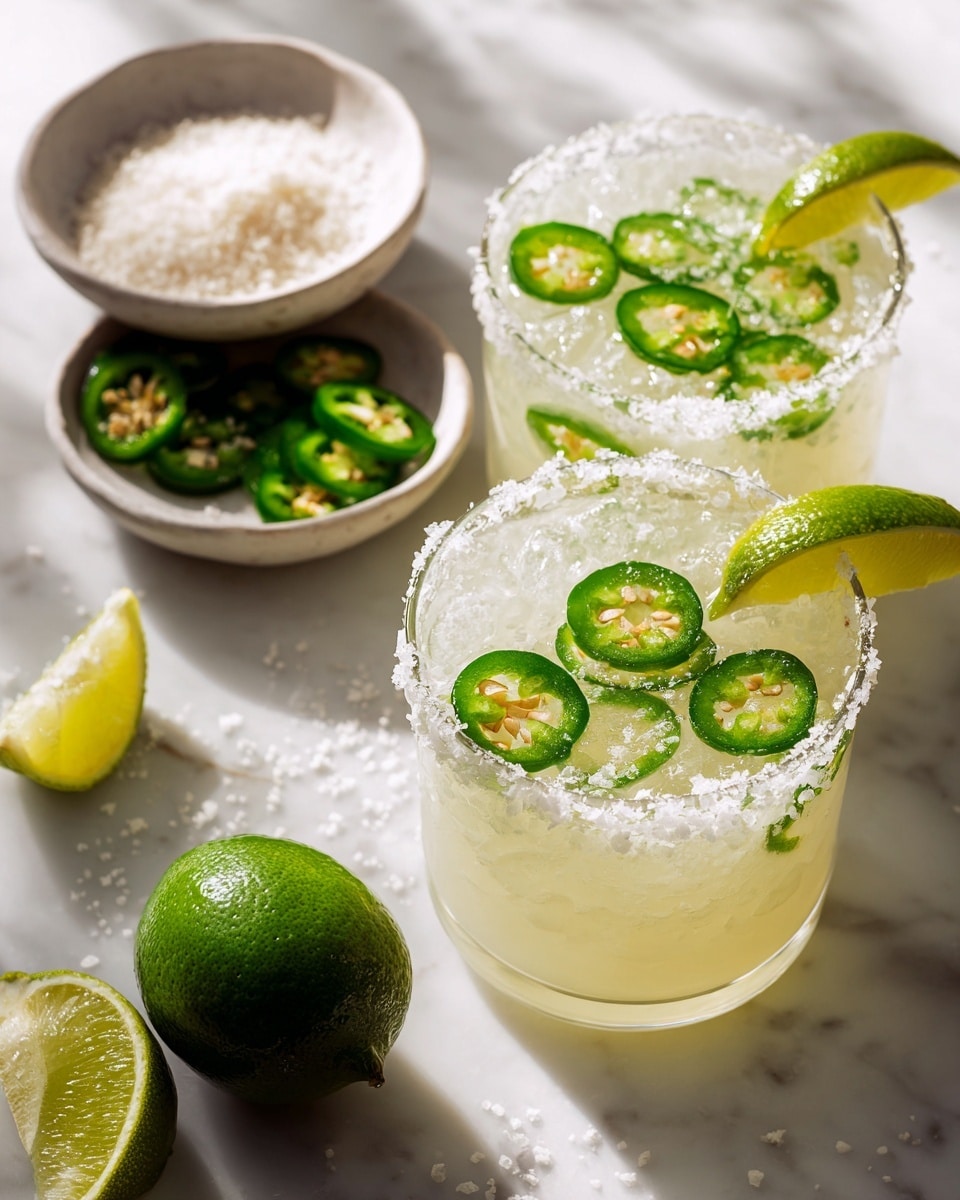 Two white rimmed glasses filled with a light creamy drink, topped with frothy bubbles and floating slices of bright green jalapeño peppers. Each glass has a coarse salt rim and a fresh lime wedge placed on the edge. To the left, there is a white bowl filled with coarse salt and sliced jalapeños. The background is a white marbled surface with soft natural light casting light shadows. Photo taken with an iphone --ar 4:5 --v 7