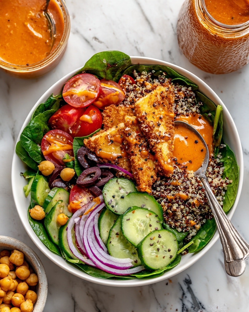 A white bowl filled with a colorful salad featuring a base layer of green spinach leaves and quinoa mixed with chickpeas. Scattered on top are layers of sliced cherry tomatoes, chopped cucumber, chopped red onions, and dark purple olive slices. Golden brown crispy fried cheese pieces sit on top, sprinkled with black pepper. A spoon with orange-red sauce drizzled over the salad rests in the bowl. Around the bowl is a white marbled surface with a textured jar of the same orange-red sauce and a small white bowl with chickpeas in the background. Photo taken with an iphone --ar 4:5 --v 7
