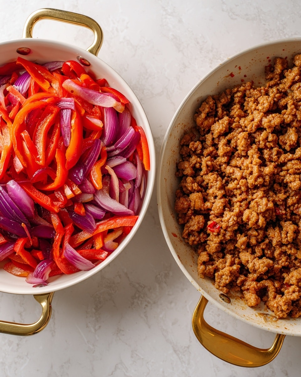 Two white pans with golden handles sit on a white marbled surface. The pan on the left holds cooked red bell peppers and sliced onions, showing a mix of bright red, deep purple, and light translucent colors with a slightly glossy texture. The pan on the right contains browned, crumbly cooked ground meat with a rich brown color and oily spots, some seasoning bits scattered around the edges. Both pans have light burn marks. Photo taken with an iphone --ar 4:5 --v 7