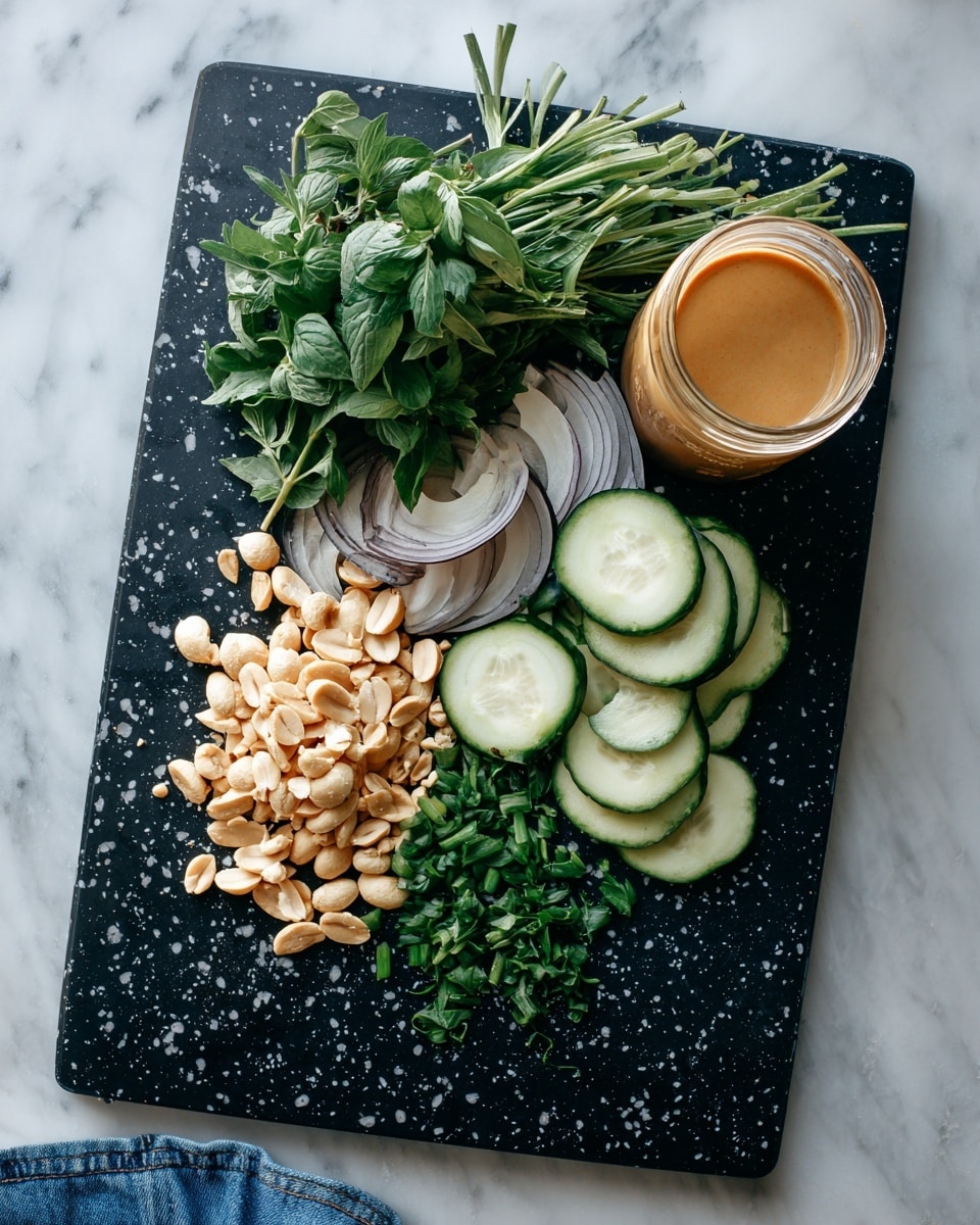 A black cutting board with white speckles is placed on a white marbled surface. On the board, there are several food items arranged in small groups: a pile of coarsely chopped light tan peanuts near the center, a bunch of fresh dark green leafy herbs on the top left, thin pale purple slices of onion on the top right, a stack of thinly sliced light green cucumber with darker green rinds below the onions, and more finely chopped green herbs next to the sliced cucumber. On the right edge of the board, there is a clear glass jar filled with a smooth light brown sauce. The scene is viewed from above, and part of a person's legs and blue clothing are visible at the bottom. photo taken with an iphone --ar 4:5 --v 7
